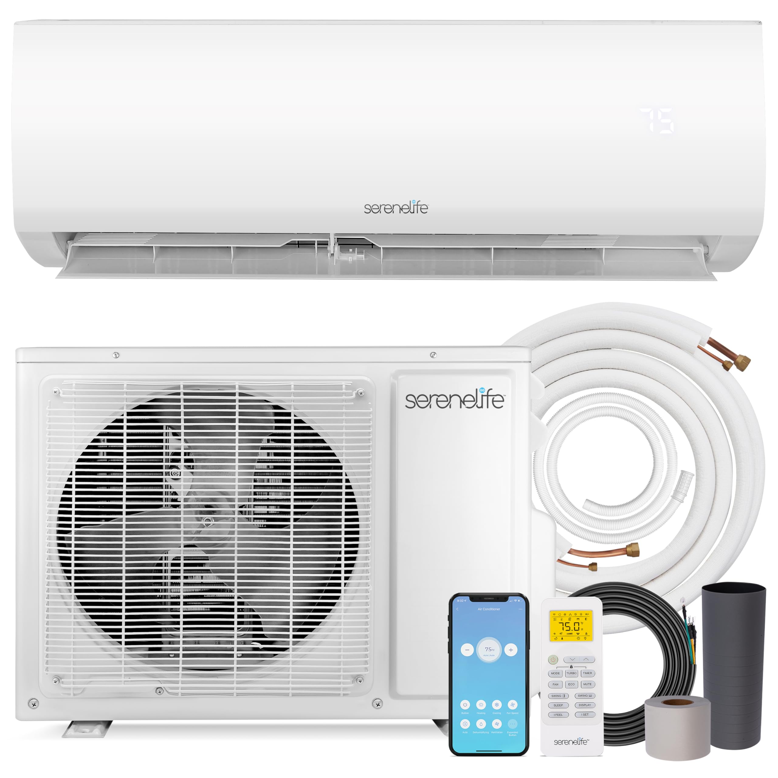 SereneLife 9,000 BTU Mini Split AC & Heating System, 230V Indoor & Outdoor Wall-Mounted Units with WiFi, Installation Kit Includ