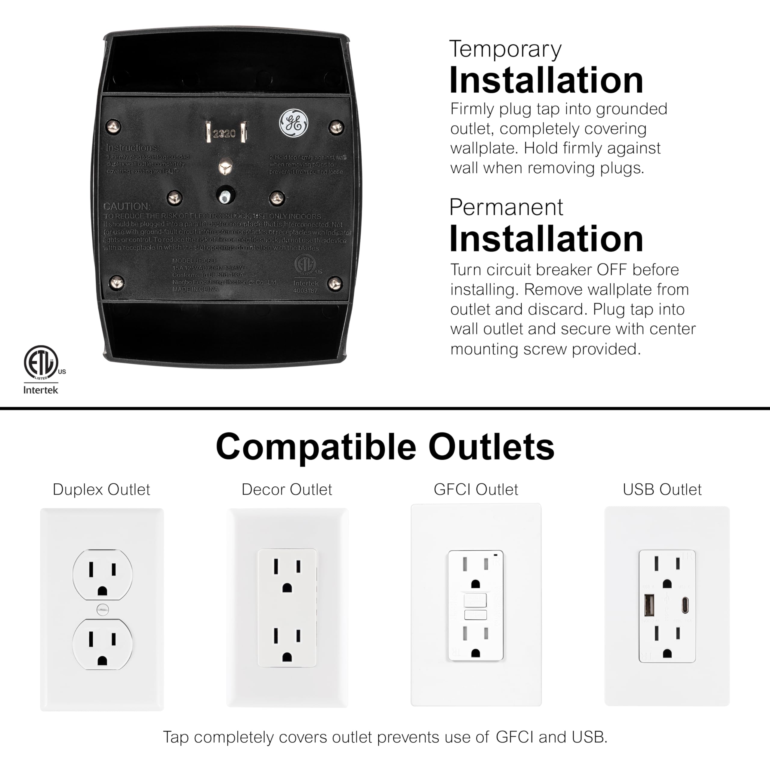 GE 6-Outlet Extender Wall Tap, Grounded Adapter, Charging Station, UL Listed, Black, 1 Pack