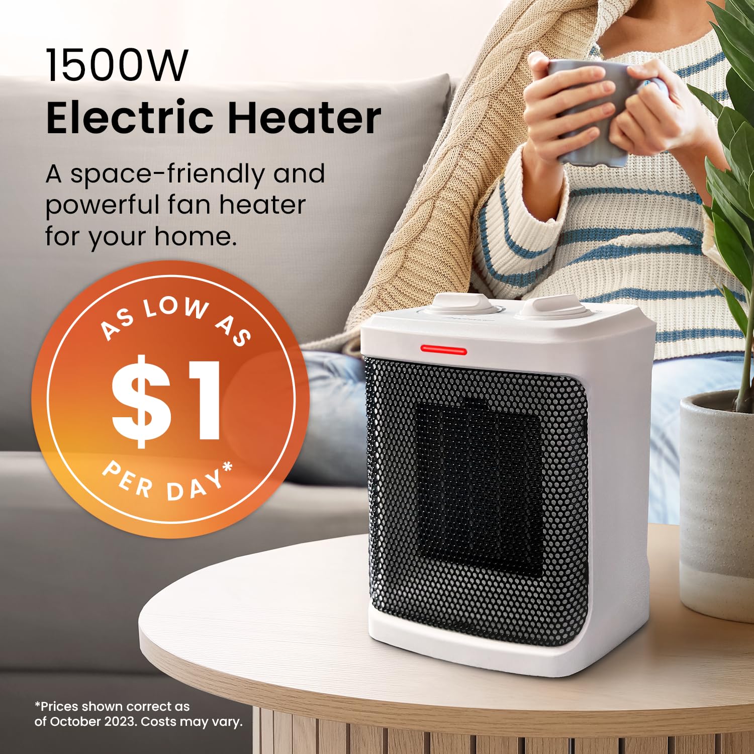 Pro Breeze Space Heater   1500W Portable Electric Heater For Indoor Use, Ceramic Heater With Adjustable Thermostat, Small Heater