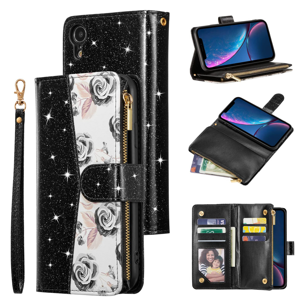 Ueebai Wallet Case For Iphone Xr, Glitter Pu Leather Magnetic Closure Handbag Zipper Pocket Case Kickstand Card Holder Slots Wit