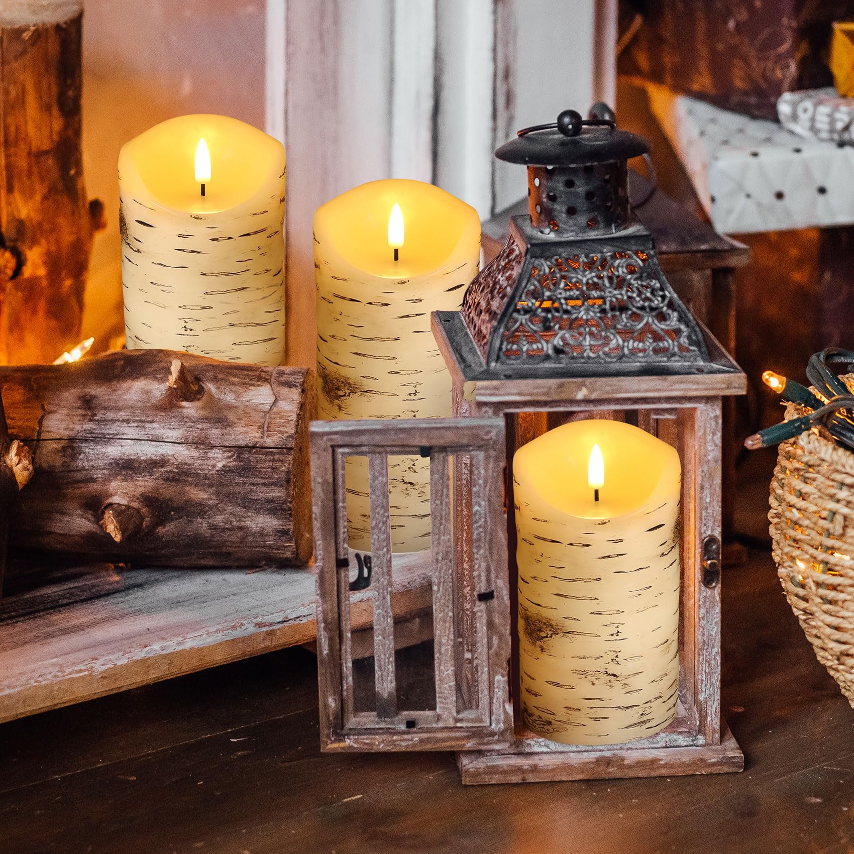 Eywamage Birch Bark Flameless Pillar Candles With Remote, Flickering Rustic Battery Led Wood Candles Set Of 3