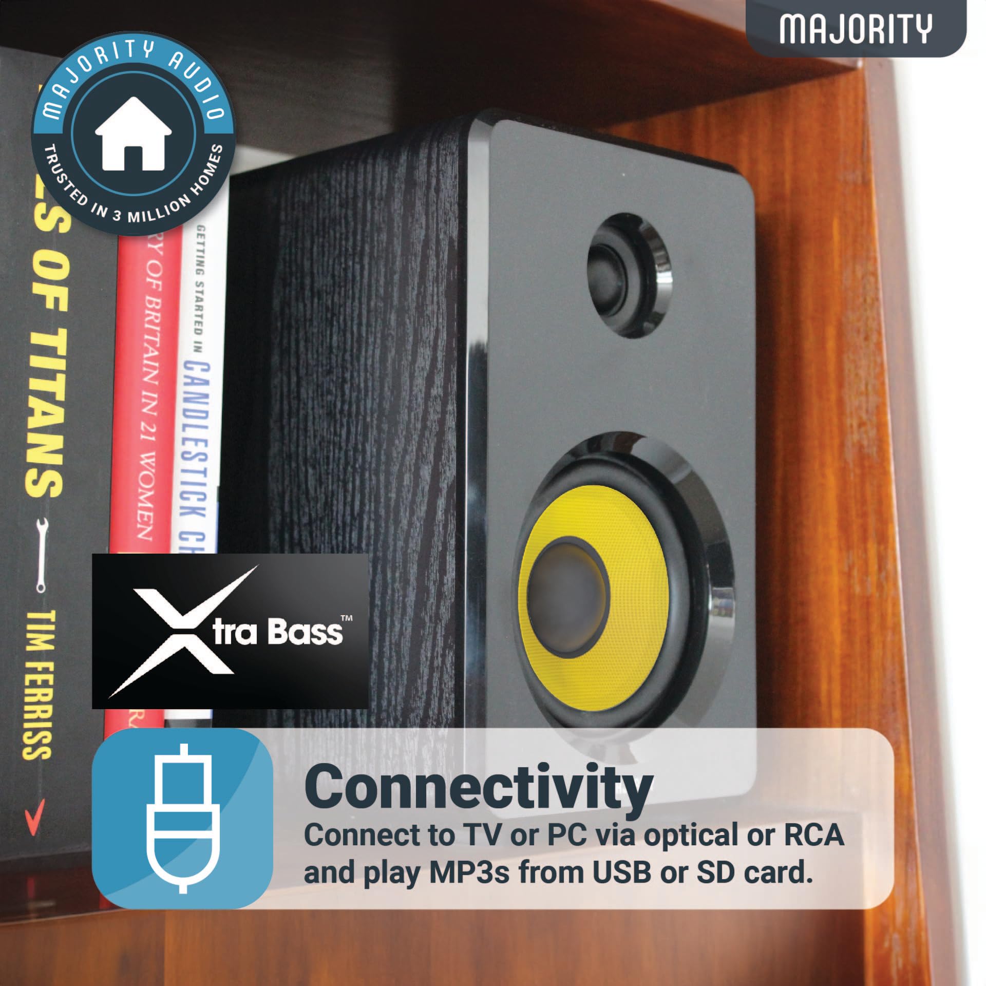 Majority Bluetooth Active Bookshelf Speakers With 70 Watts Power | Hi Fi Powered Speakers, Kevlar Yellow Speaker Cone And Wooden