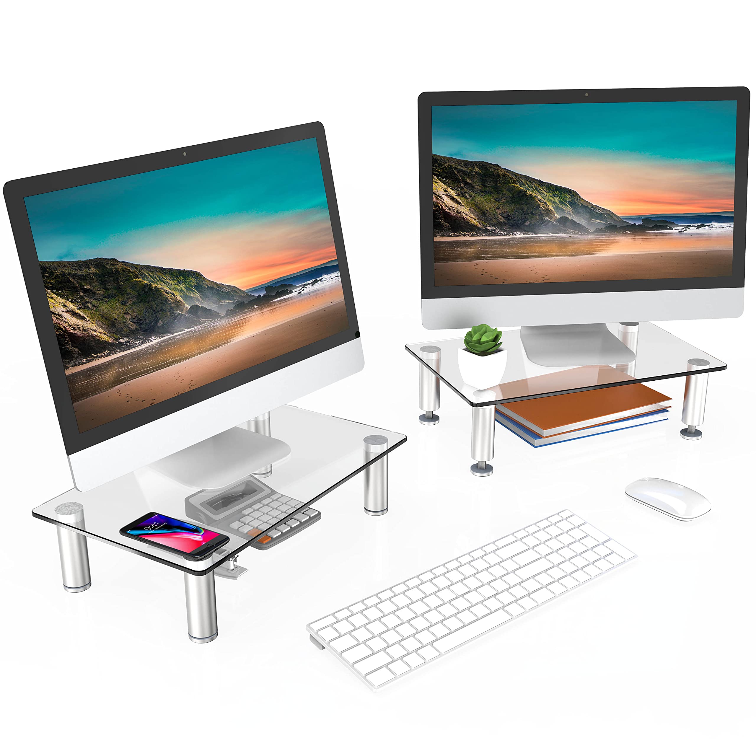 FITUEYES 2 Pack Monitor Stand �Adjustable Glass Computer Monitor Riser, Clear Desktop Stand for Laptop TV Computer Screen, Desk Organization, Office Supplies, DT103803GC