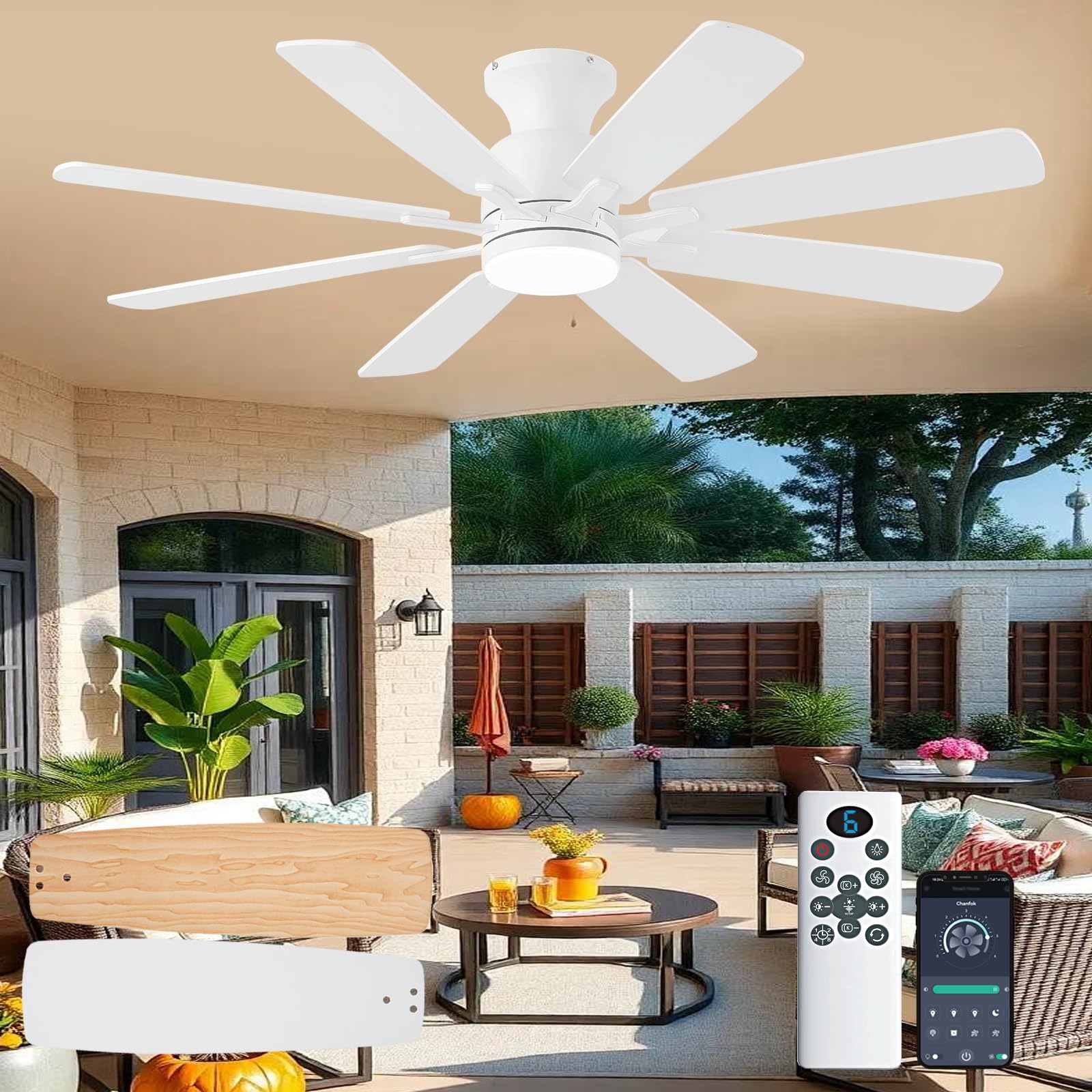 KNUN 52 Inch Ceiling Fan with Light, Low Profile Ceiling Fans with Remote and APP Control, 8 Blades, Noiseless, DC Motor, Flush 