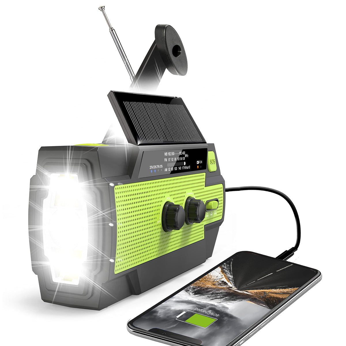Emergency Crank Weather Radio, 4000Mah Solar Hand Crank Portable Am/Fm/Noaa, With 1W 3 Mode Flashlight & Motion Sensor Reading L