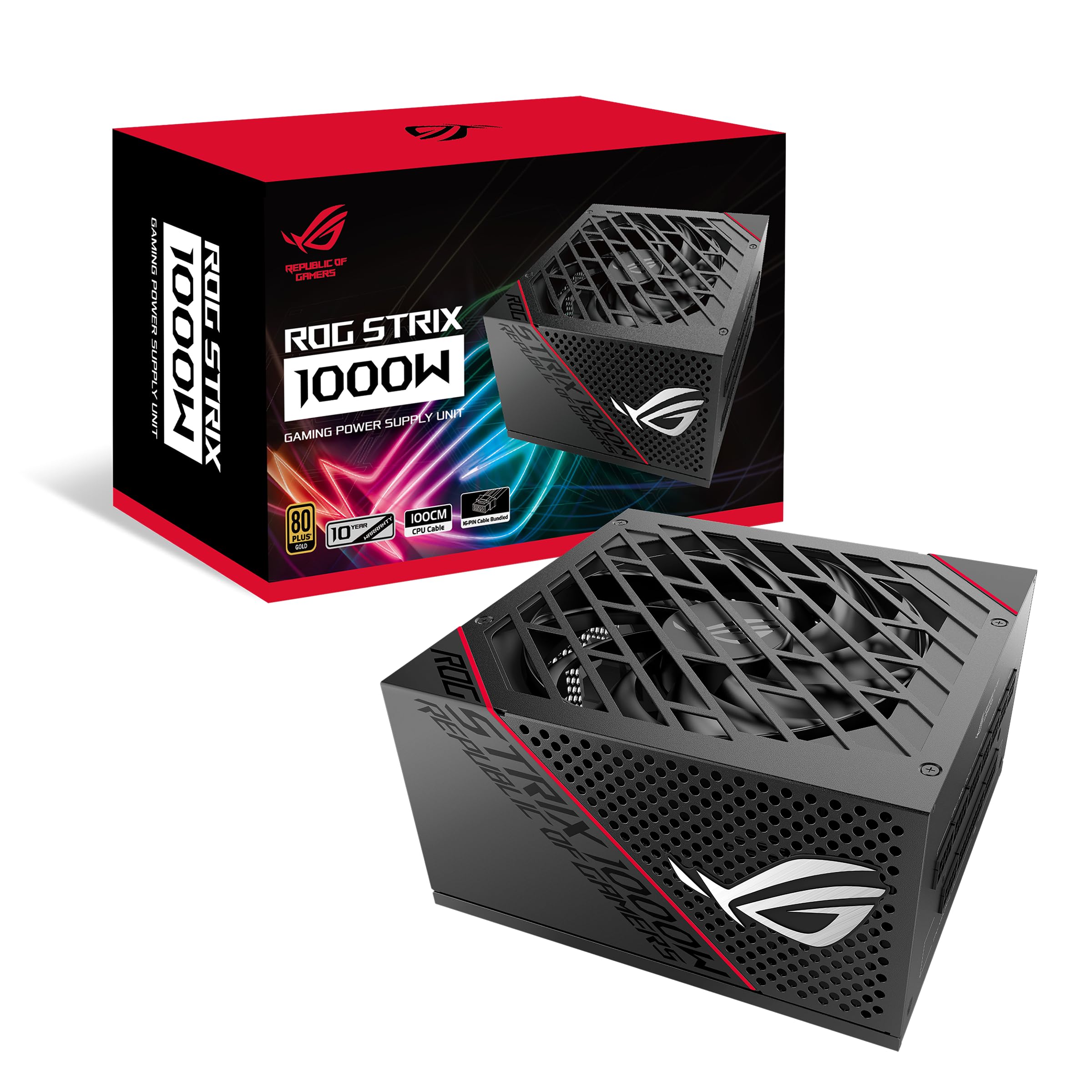 ASUS ROG Strix 1000W Gold PSU (16pin Cable), Power Supply (ROG heatsinks, Axialtech Fan Design, Dual Ball Fan Bearings, 0dB Te