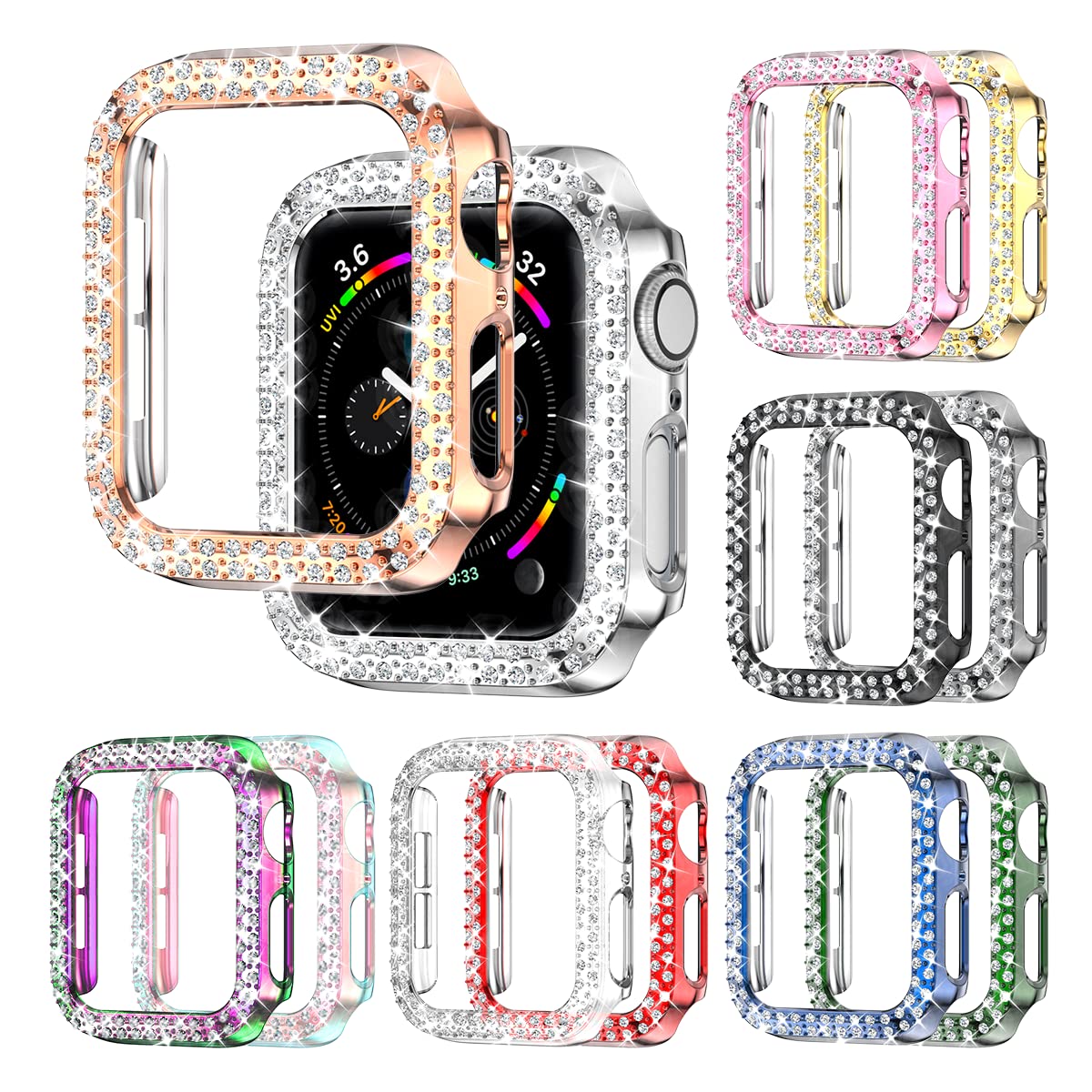 12 Pack Rc-Z for Apple Watch Series SE(2nd) 6 5 4 44mm Bling Case, Bumper Double Diamonds Rhinestone Protective Frame Replacemen