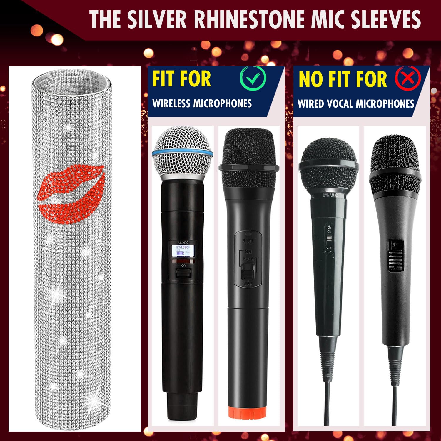 Facmogu Silver Rhinestones Microphone Cover   Red Lips Glitter Decor Sleeve For Universal Mics, Sparkly Bedazzled Cordless Handh