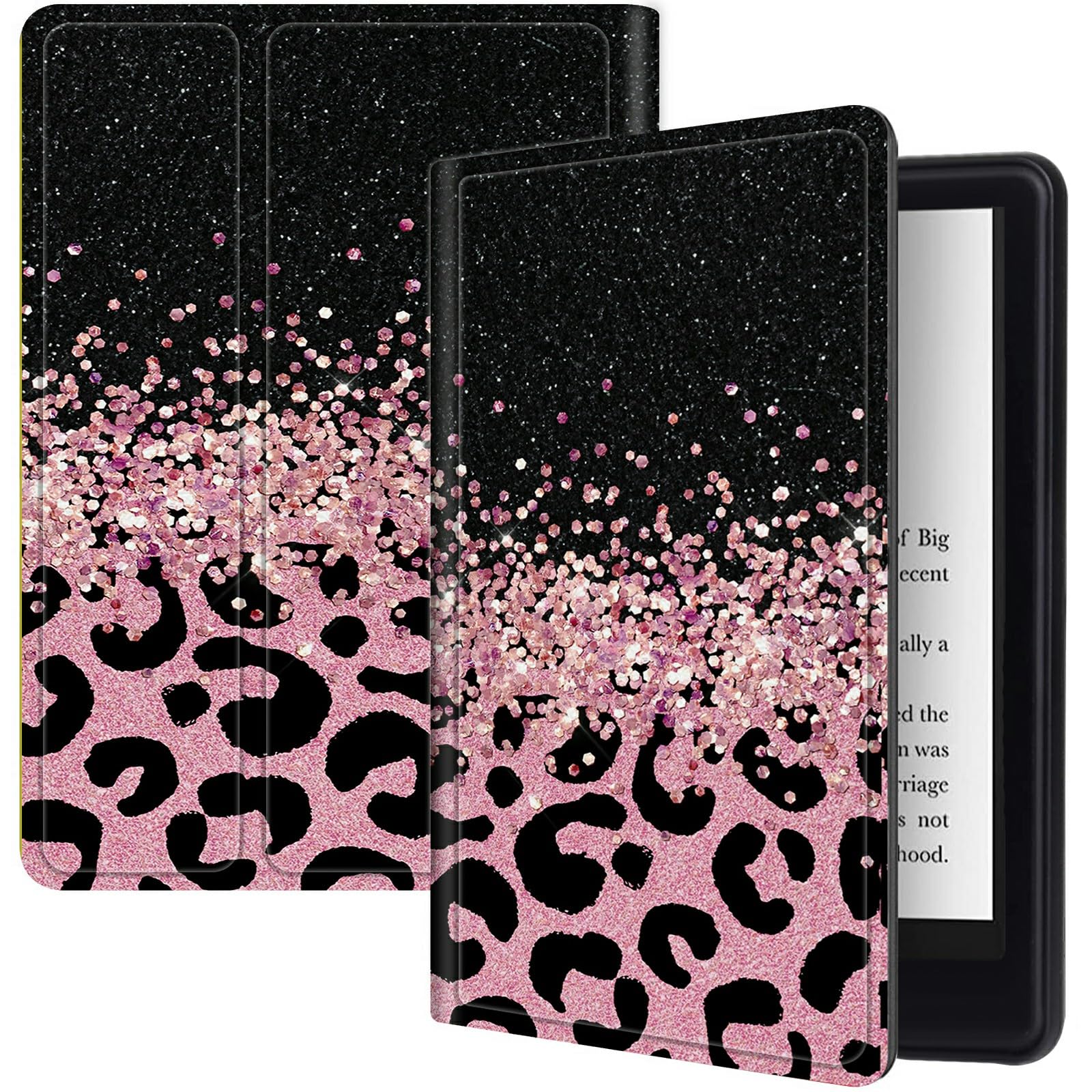 Pink Glitter Leopard Case For All New 6.8 Inch Kindle Paperwhite 11Th Generation 2021, Pu Leather Folding Stand Slim Case With A