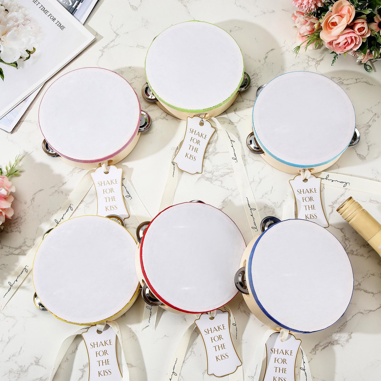 Lukmaa 24 Set Tambourine For Adults Wooden Hand Held Drum With Metal Jingles, Gift Tags, White I Love You Printed Ribbon Percuss