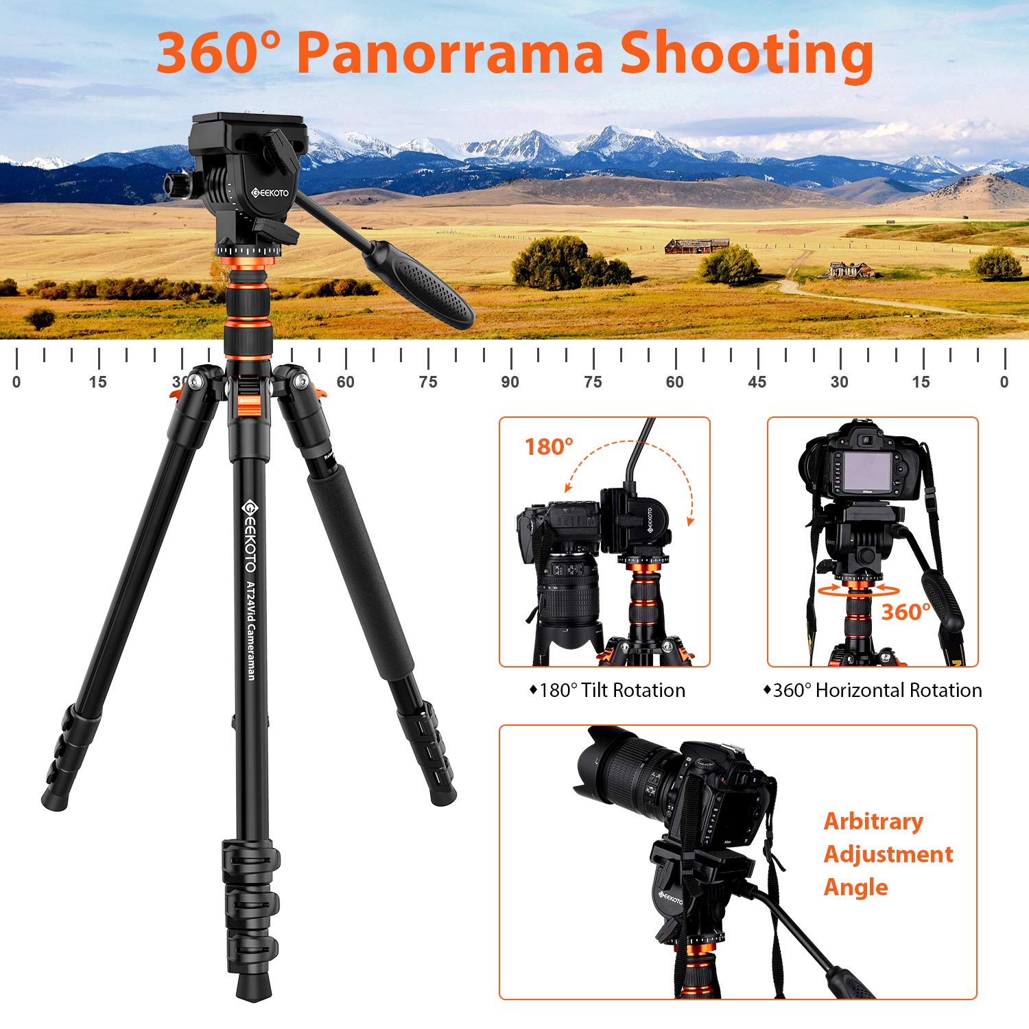 Geekoto Video Tripod Fluid Head,Professional Camera Tripod For Dslr,Monopod Aluminum 77' For Video Camcorder Canon Nikon Sony With 1/4' Screws Fluid Drag Pan Head,Load Capacity Up To 20 Pounds