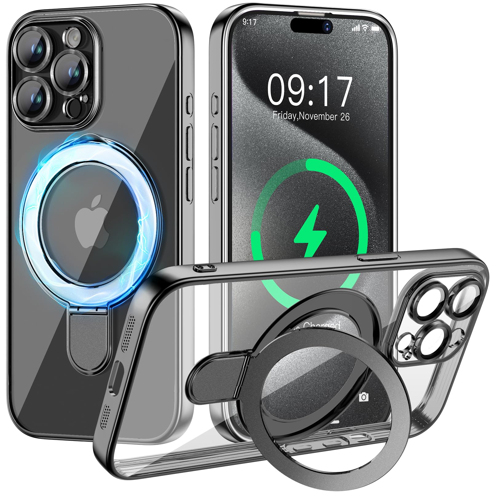 Pmteyoim Magnetic For Iphone 15 Pro Case With Invisible Stand[Compatible With Magsafe][Full Camera Lens Protector][Military Drop