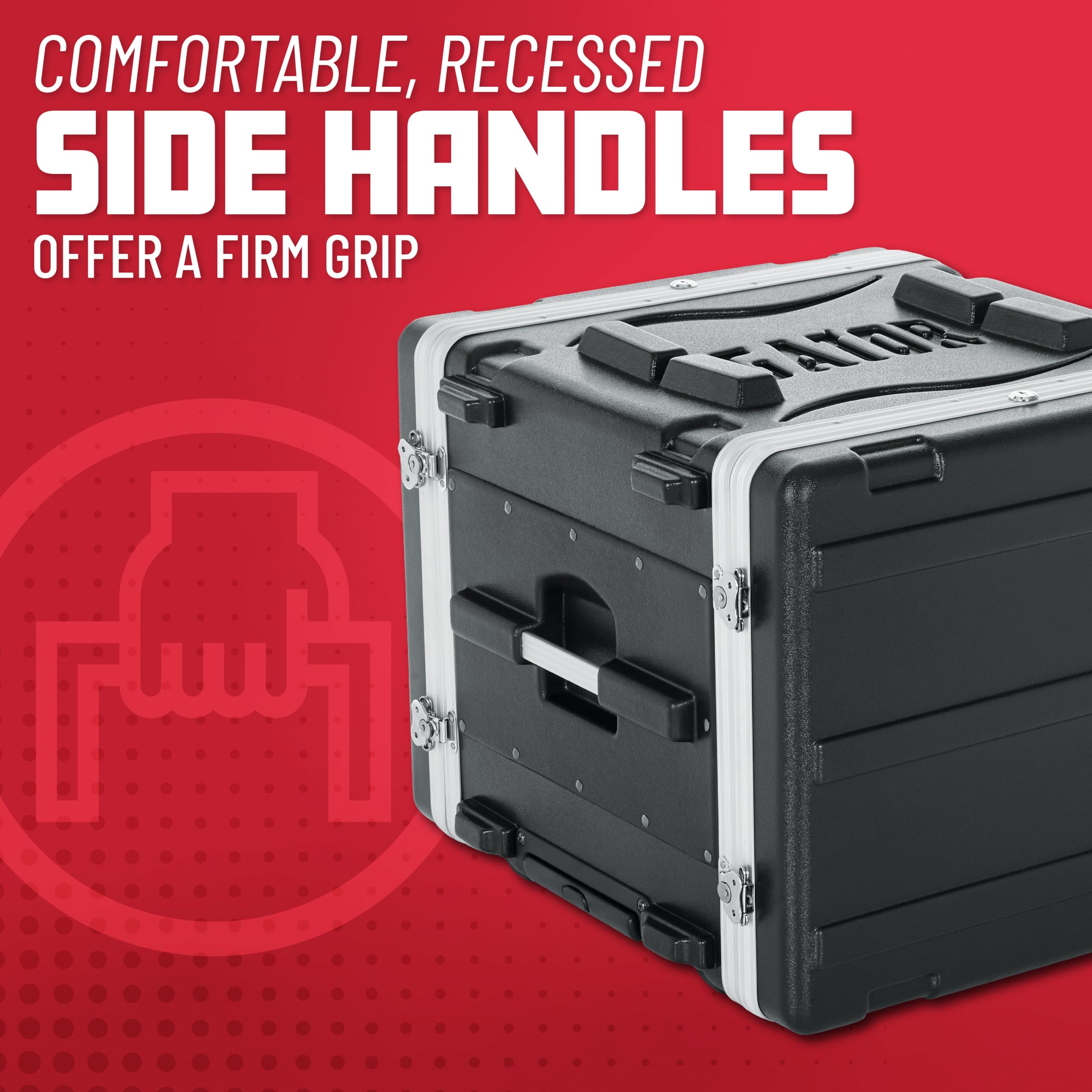 Gator Lightweight Molded 8U Rack Case With Built-In Power Supply, Heavy Duty Latches, Retractable Tow Handle, And Recessed Wheel