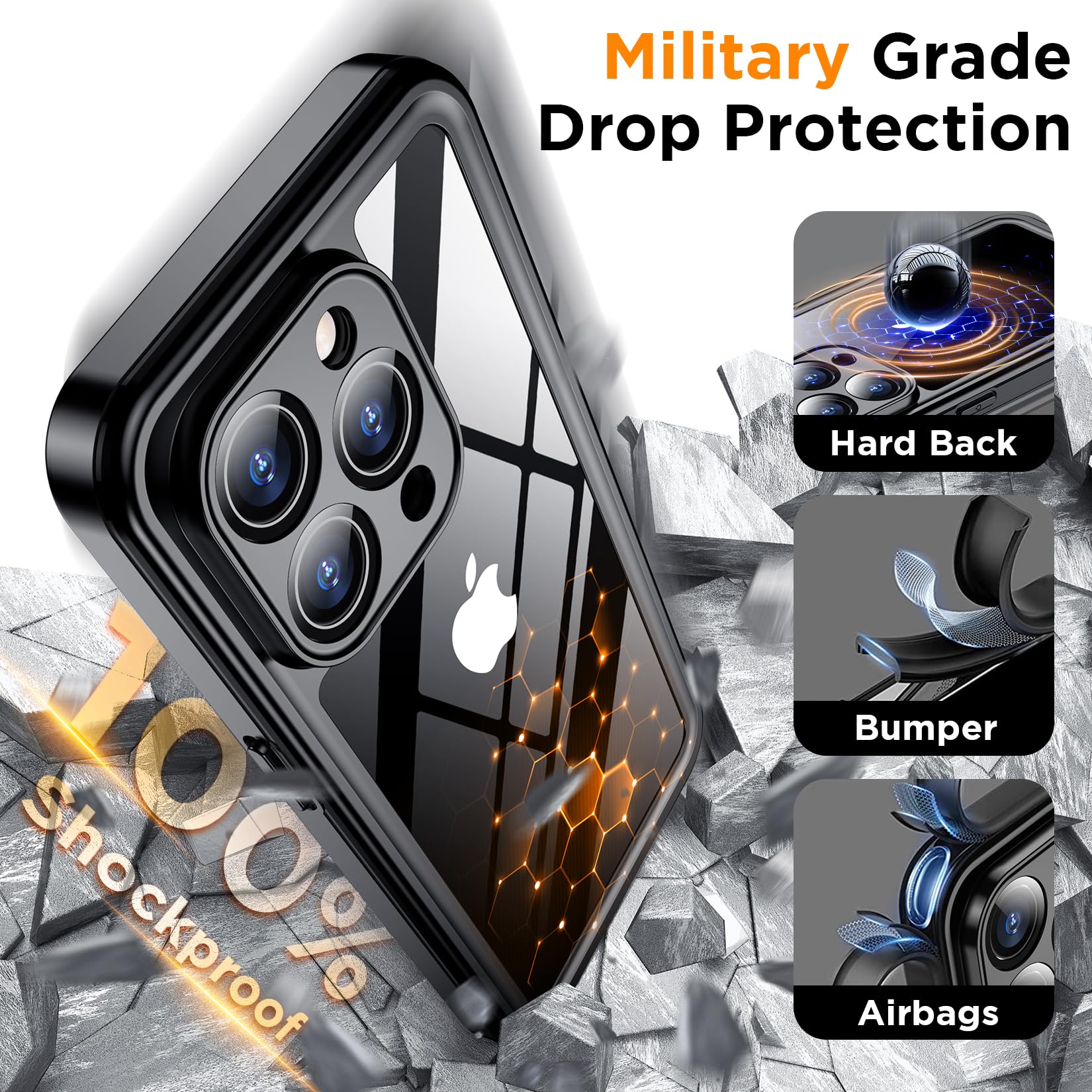 Temdan For Iphone 15 Pro Case Waterproof, [Built In Screen Protector][Ip68 Underwater][15Ft Military Dropproof][Dustproof][Real