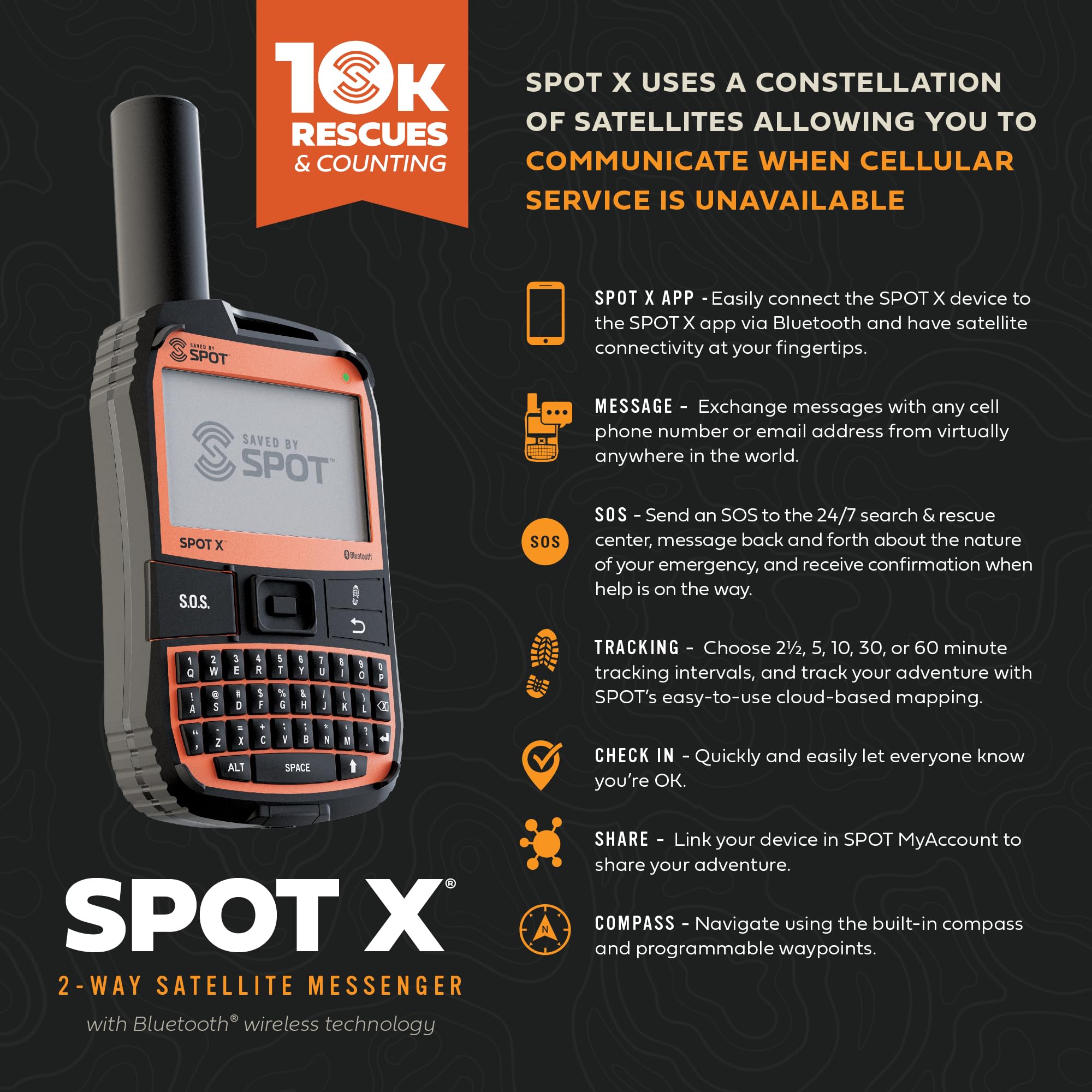 Spot X With Bluetooth 2 Way Satellite Messenger | Sos Protection | Handheld Portable 2 Way Gps Messenger For Hiking, Camping, Ca