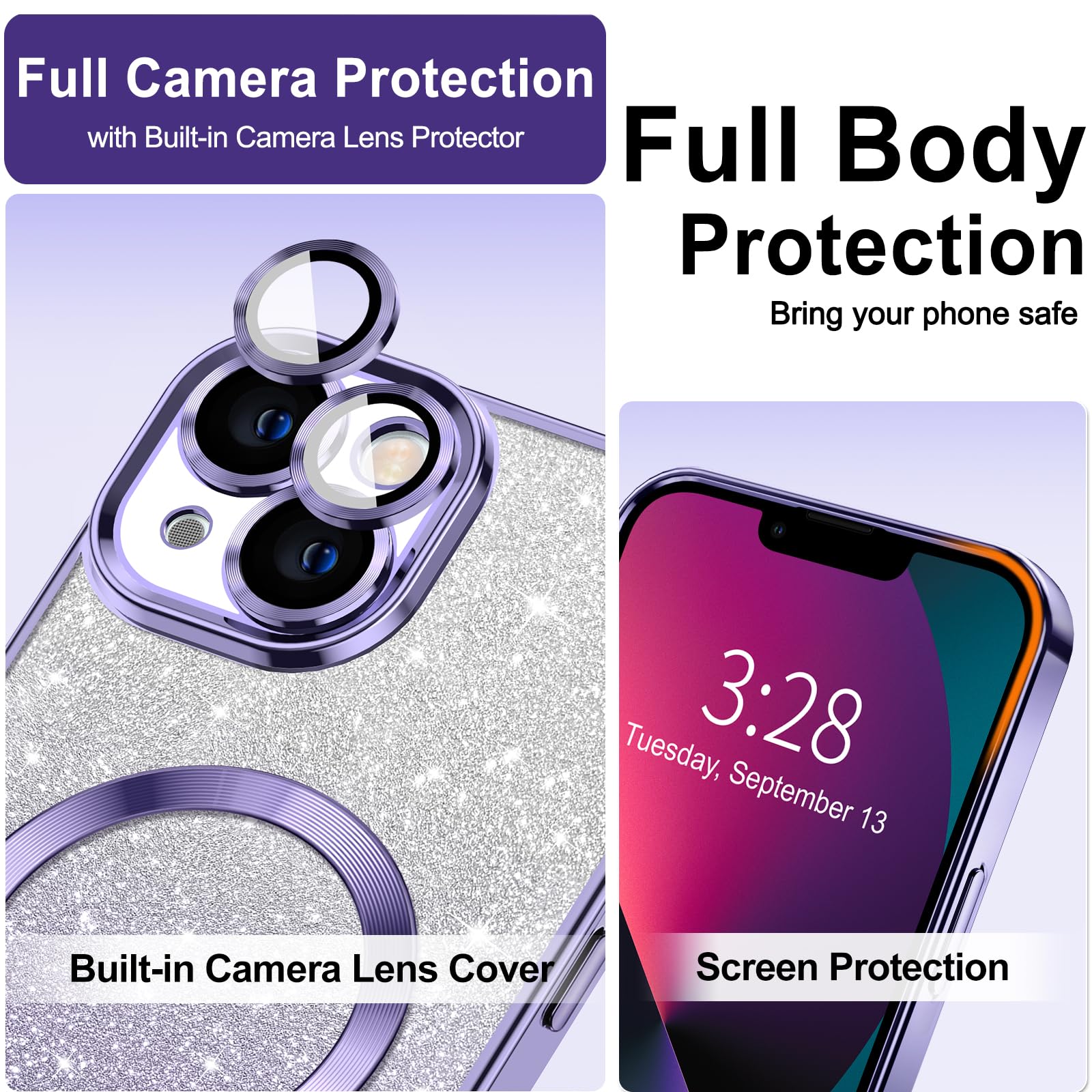 Hython For Iphone 13 Case Clear Magnetic Glitter Phone Cases [Compatible With Magsafe] Full Camera Lens Protector Slim Gradient