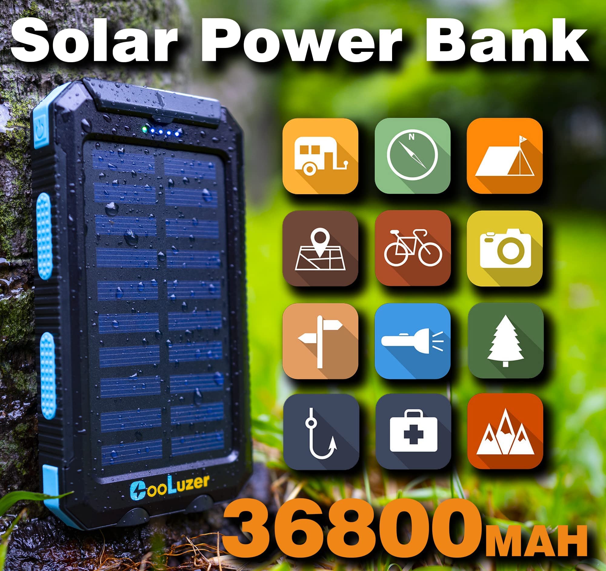 Solar Charger Power Bank 36800Mah With 18W Pd 5V*3.1A Fast Charging, Qc3.0 Portable Charger Solar Power Bank,Ip67 Waterproof Cam