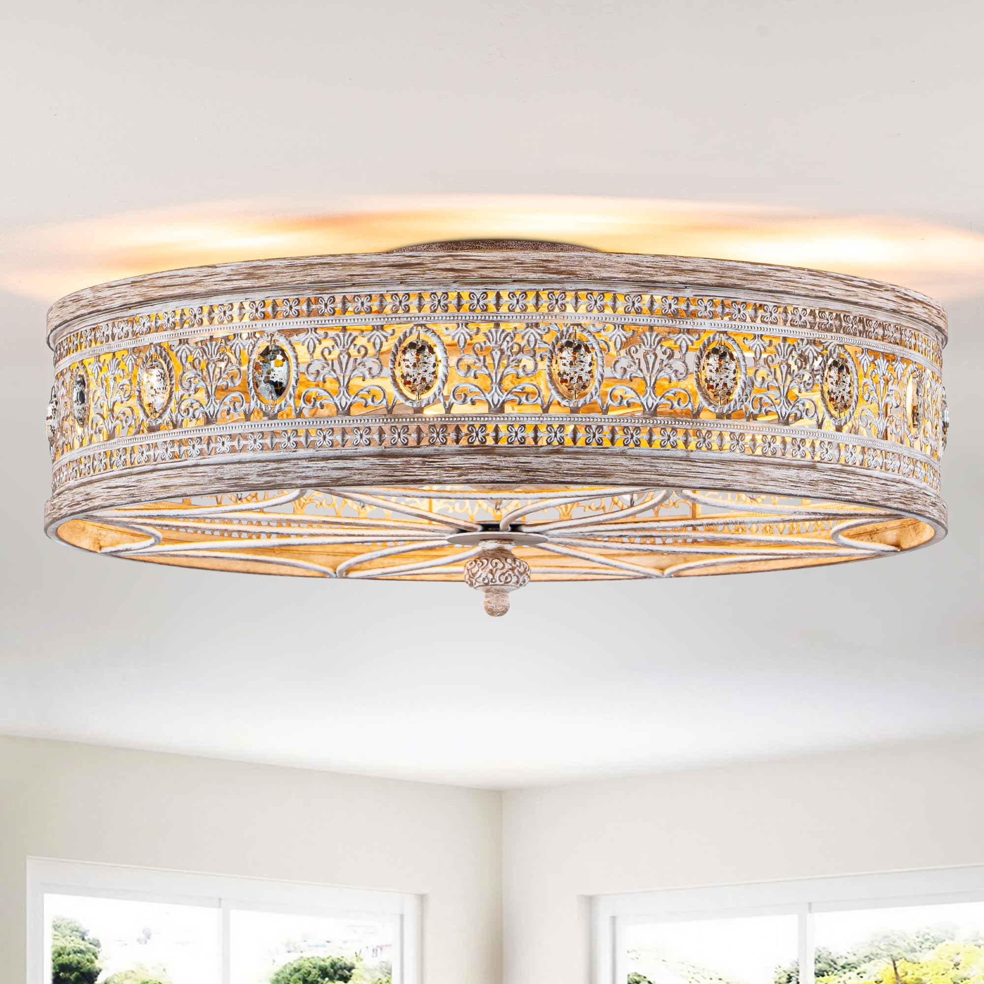Vivlite Vintage Farmhouse Fandelier Caged Ceiling Fan with Light Low Profile Rustic Flush Mount Light Fixture with Crystal Detai