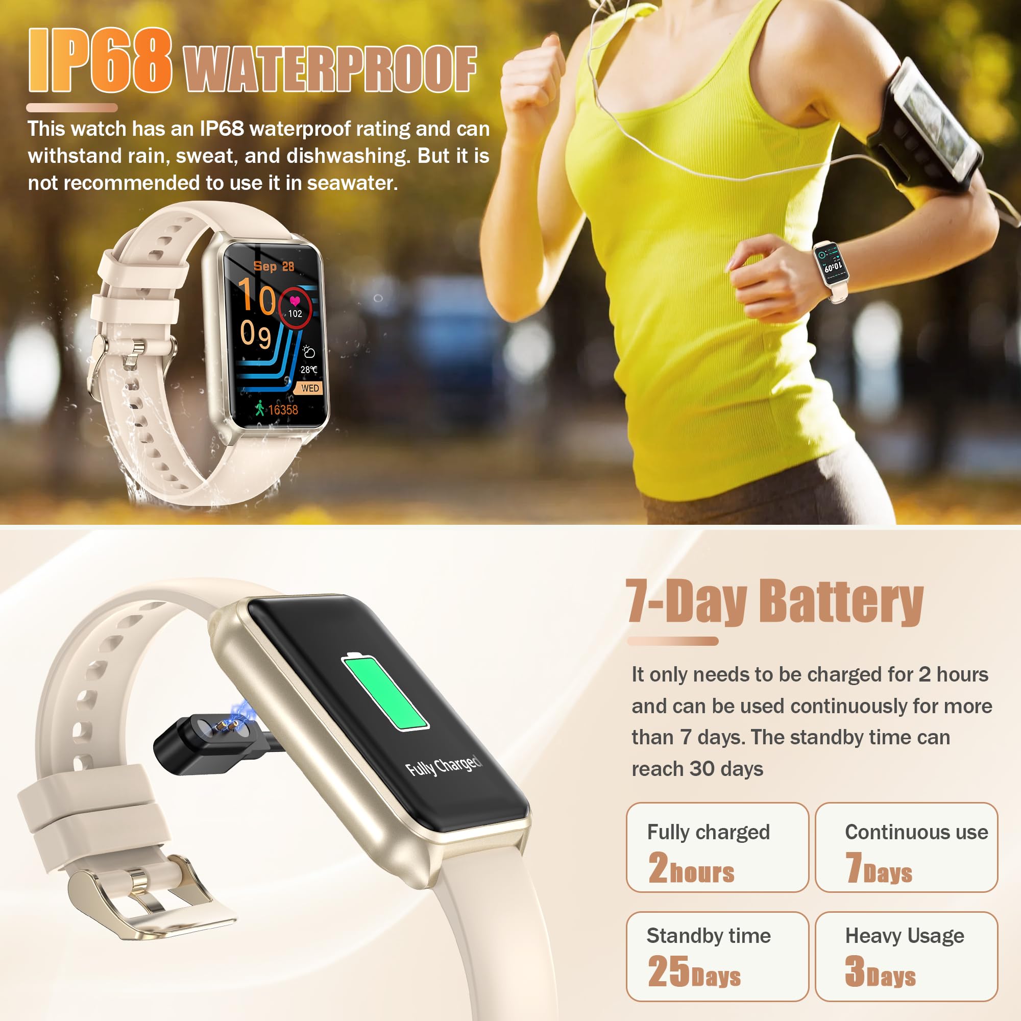 Smart Watch With Fitness Tracker, 1.57-Inch Display, Answer Calls, Sleep Monitor, Ip68 Water Resistant (Gold)