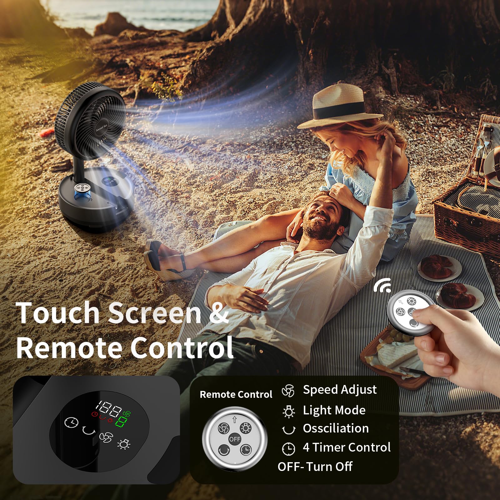 Socool 40000Mah Portable Fan Foldable Battery Rechargeable With 8 Speed & 106H, 90 Osciliating Floor Standing Fan Remote, Desk F