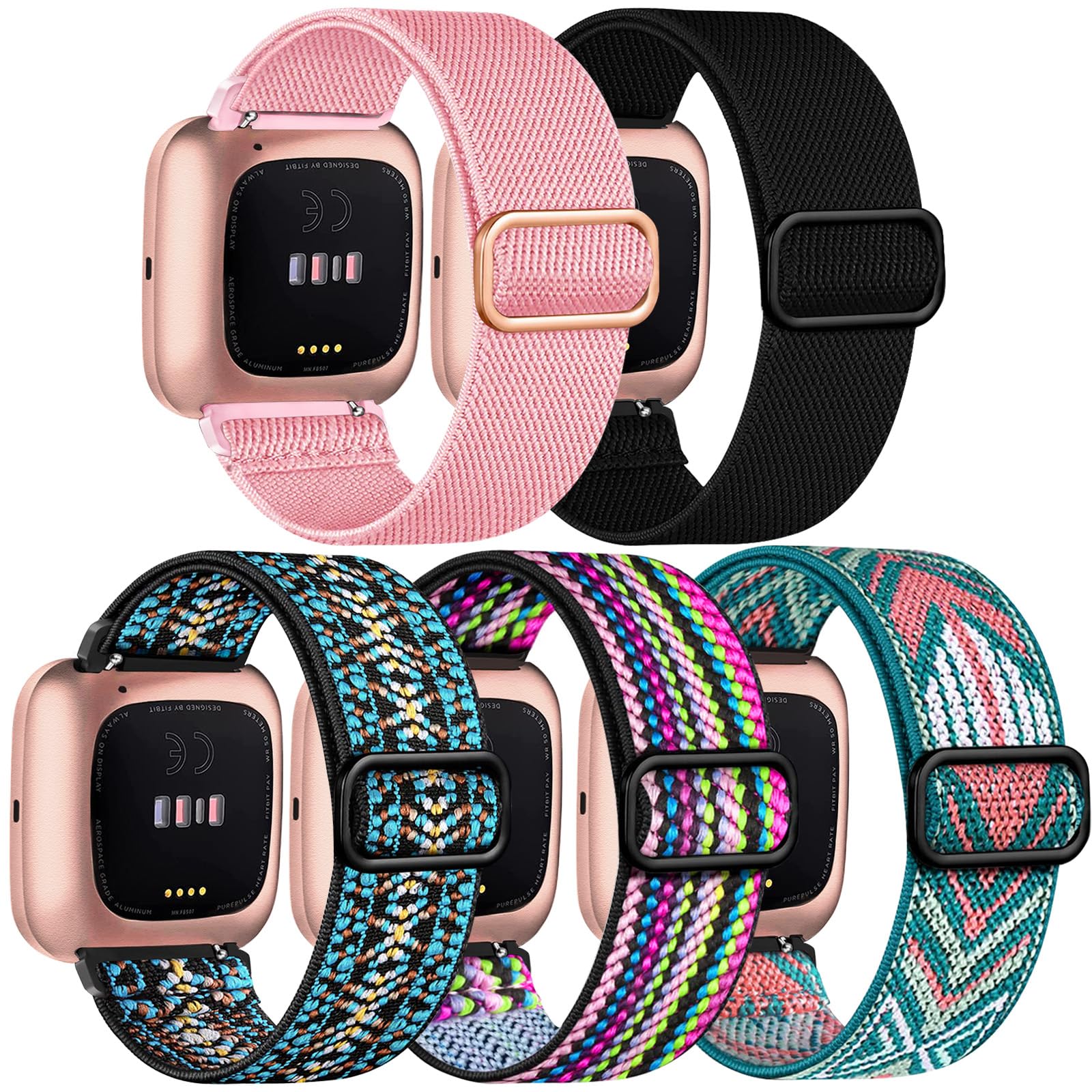 Chinber 5 Pack Bands For Fitbit Versa 2 Bands/Fitbit Versa 2 Bands,Soft Adjustable Nylon Sport Band For Fitbit Versa Smart Watch