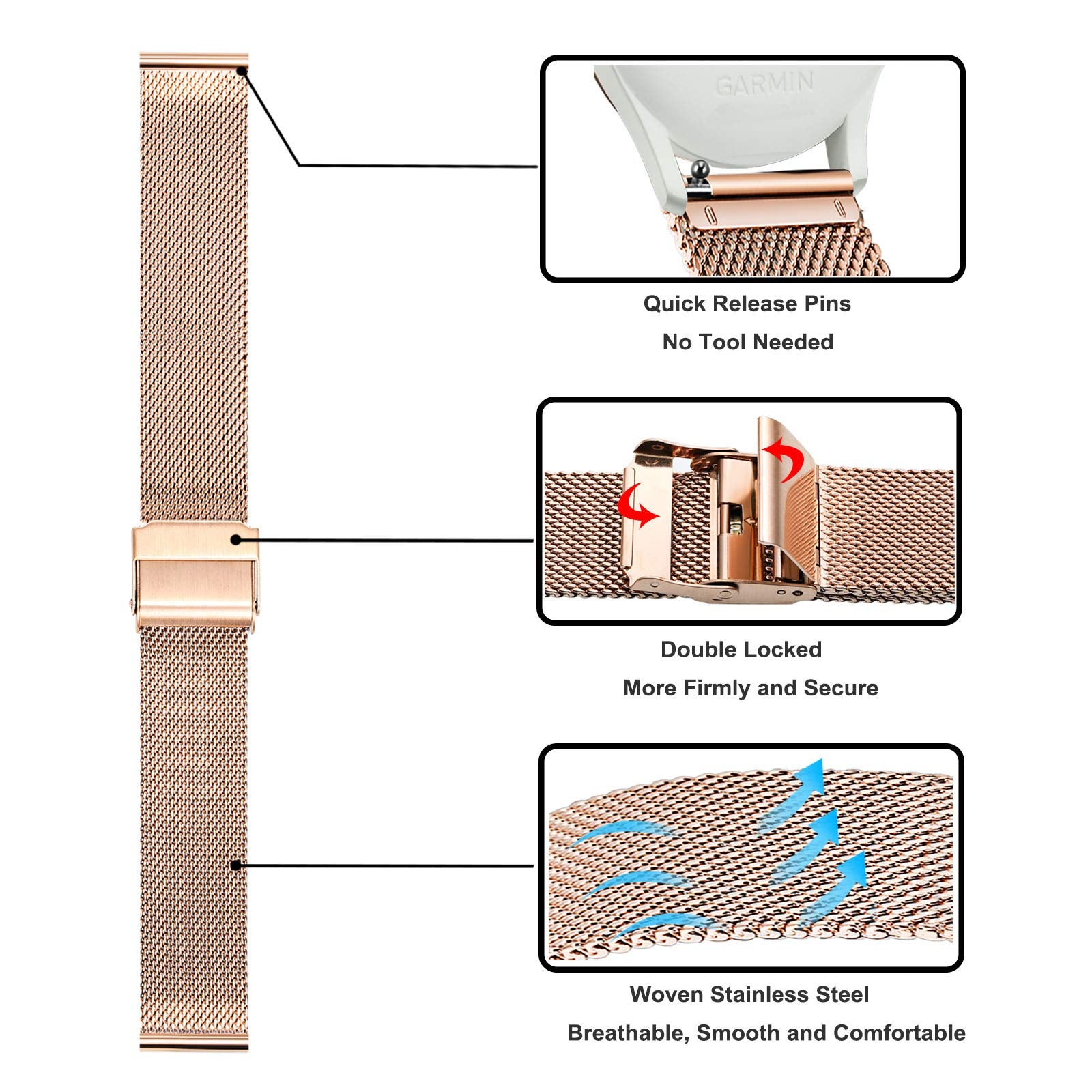 Trumirr Watchband Sets For Vivomove Hr/Vivoactive 6 5 3 Smart Watch, 20Mm Stainless Steel Metal Band + Mesh Strap For Garmin For