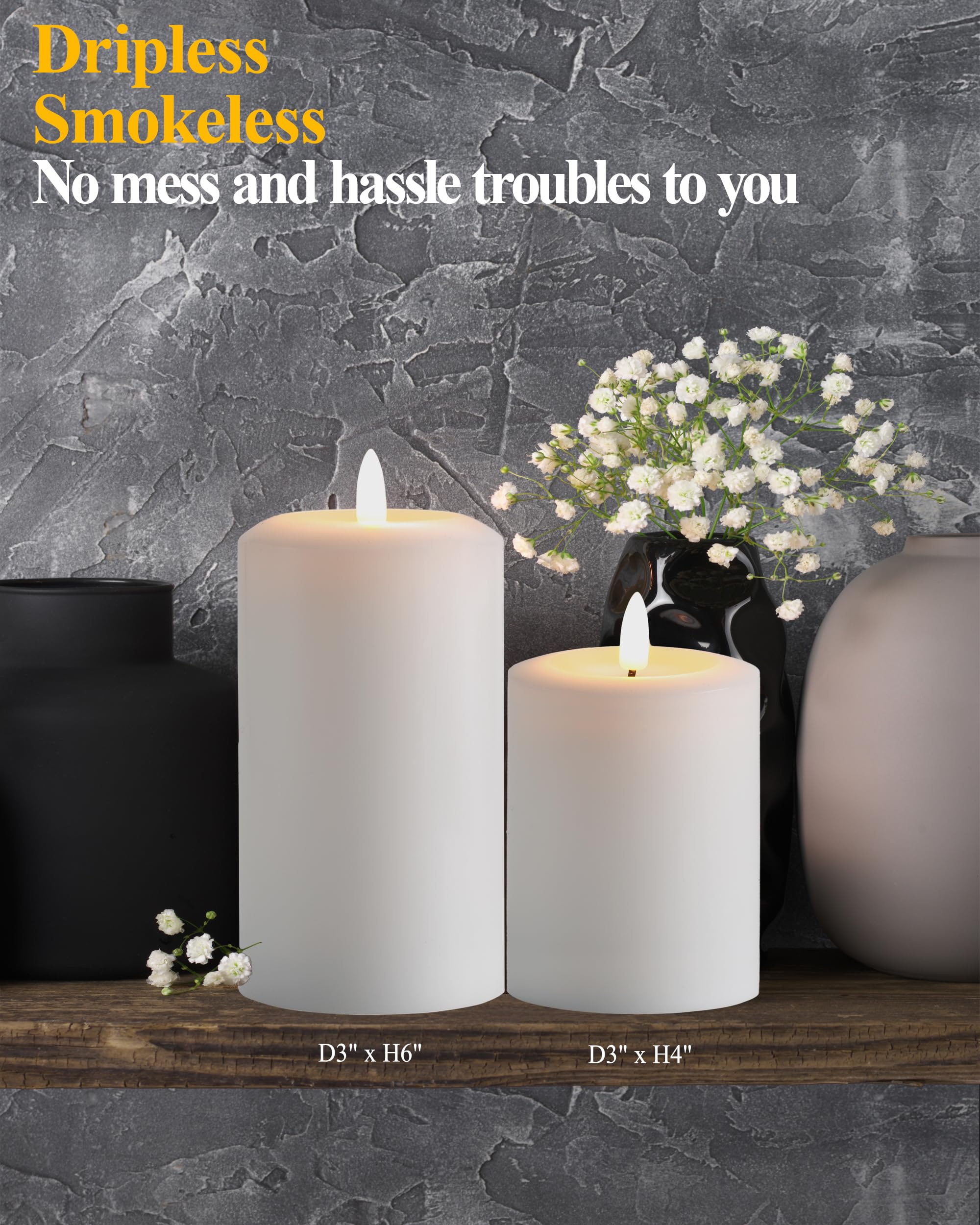 Gmnee 3''X5'' Flickering Flameless Candles With Remote Timer, 3'' Diameter White Pillar, Real Wax, Set Of 3 Large Led Battery Op