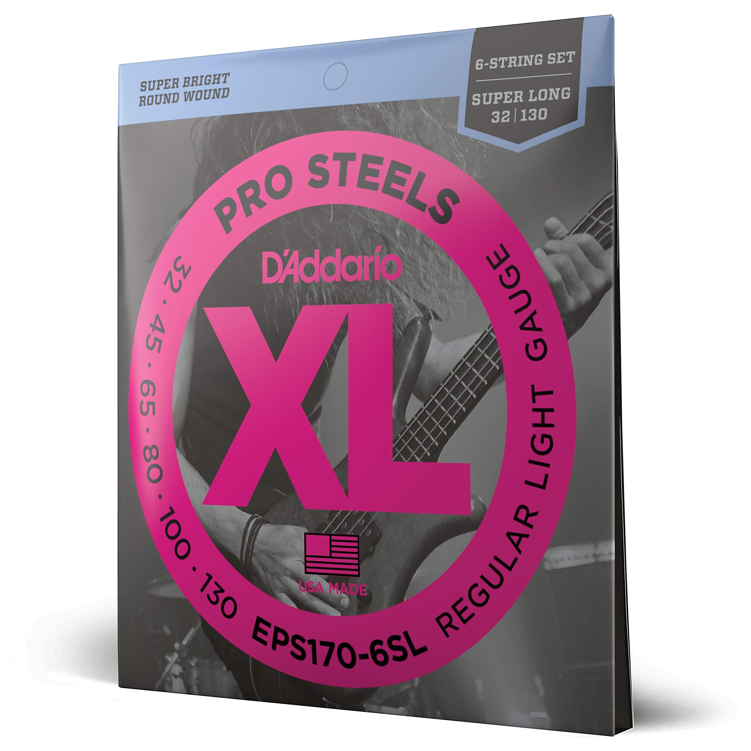D'Addario Bass Guitar Strings, Xl Pro Steels, Eps170 6Sl, Super Long Scale, Regular Light Gauge 32 130, 6 String Set, Pack Of 1