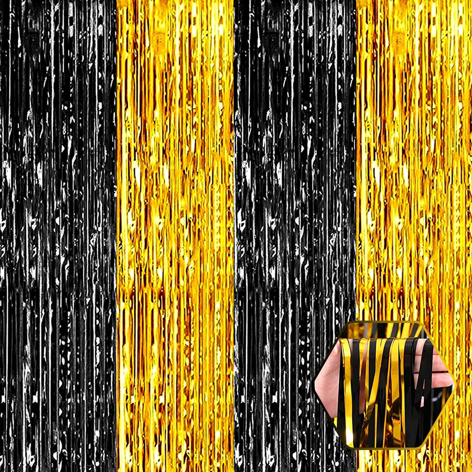 3 Pack Black Gold Foil Fringe Curtain Backdrop, 3.28Ft x 8.2Ft Metallic Tinsel Foil Fringe Streamer Curtains for Photo Booth, Ch