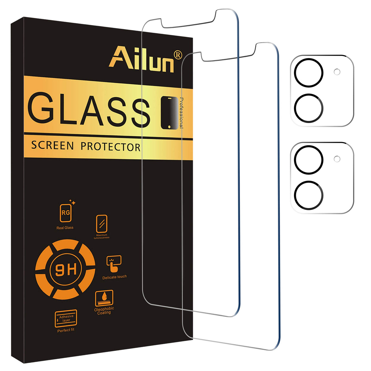 Ailun 2 Pack Screen Protector Compatible For Iphone 12 [6.1 Inch] + 2 Pack Camera Lens Protector,Tempered Glass Film,[9H Hardnes