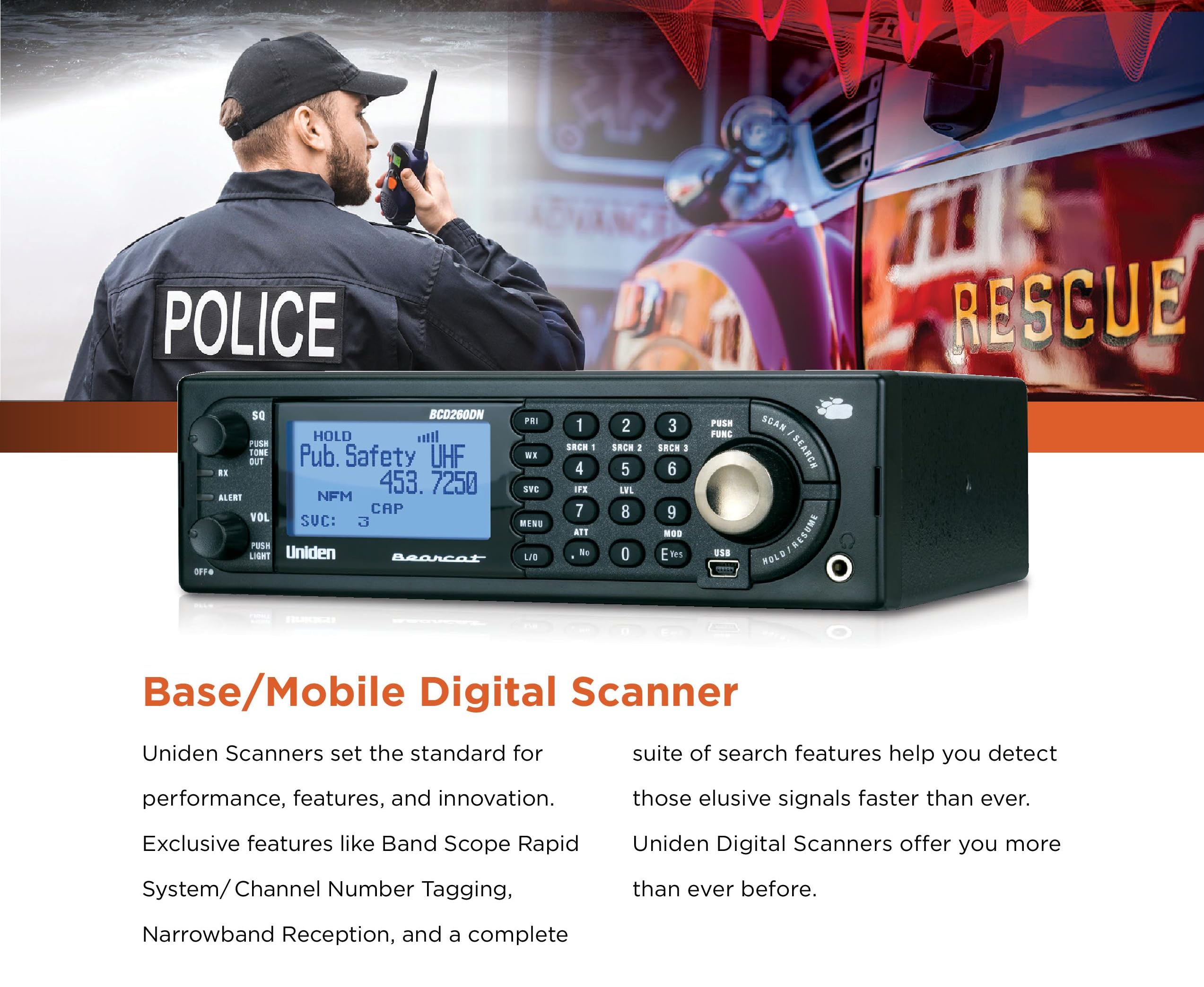 Uniden Bearcat Bcd260Dn Base/Mobile Digital Scanner, Performance Features, Band Scope Rapid System/Channel Number Tagging, Narro