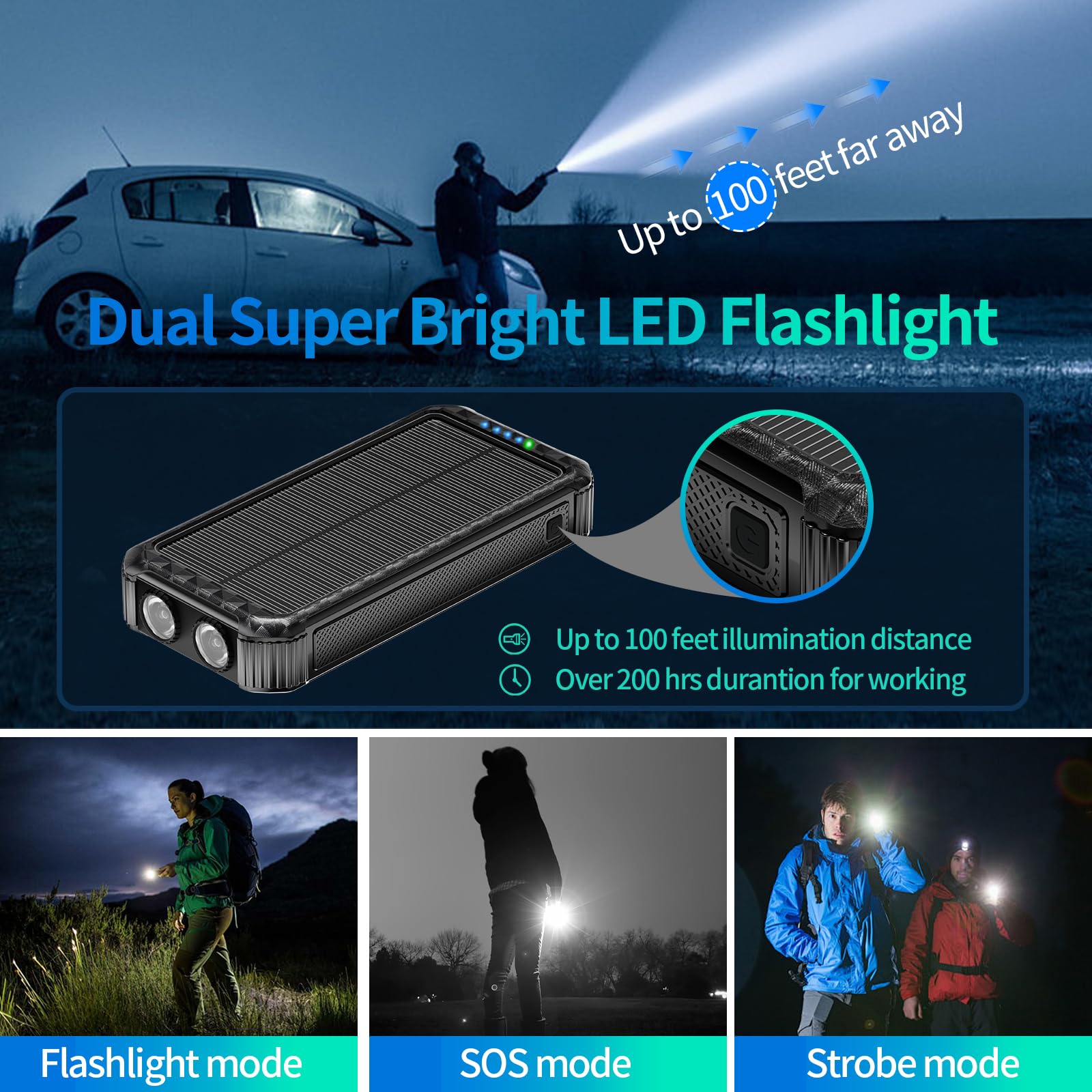 Solar Portable Charger Power Bank:46800Mah Phone Powered Battery Pack Built-In 3 Cables 15W Fast Charging 4 Output For All Mobil