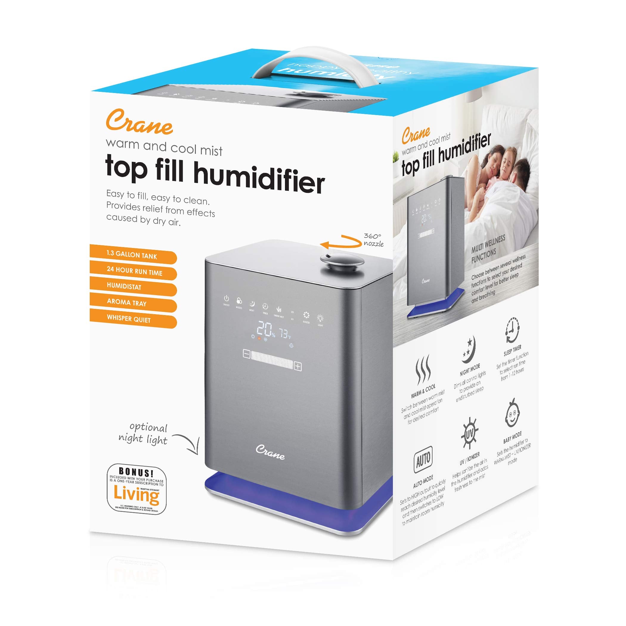 Crane Warm & Cool Mist Top Fill Humidifier With Remote, 1.2 Gallon, 500 Sq. Ft Coverage, Uv Ionizing Light, Metallic