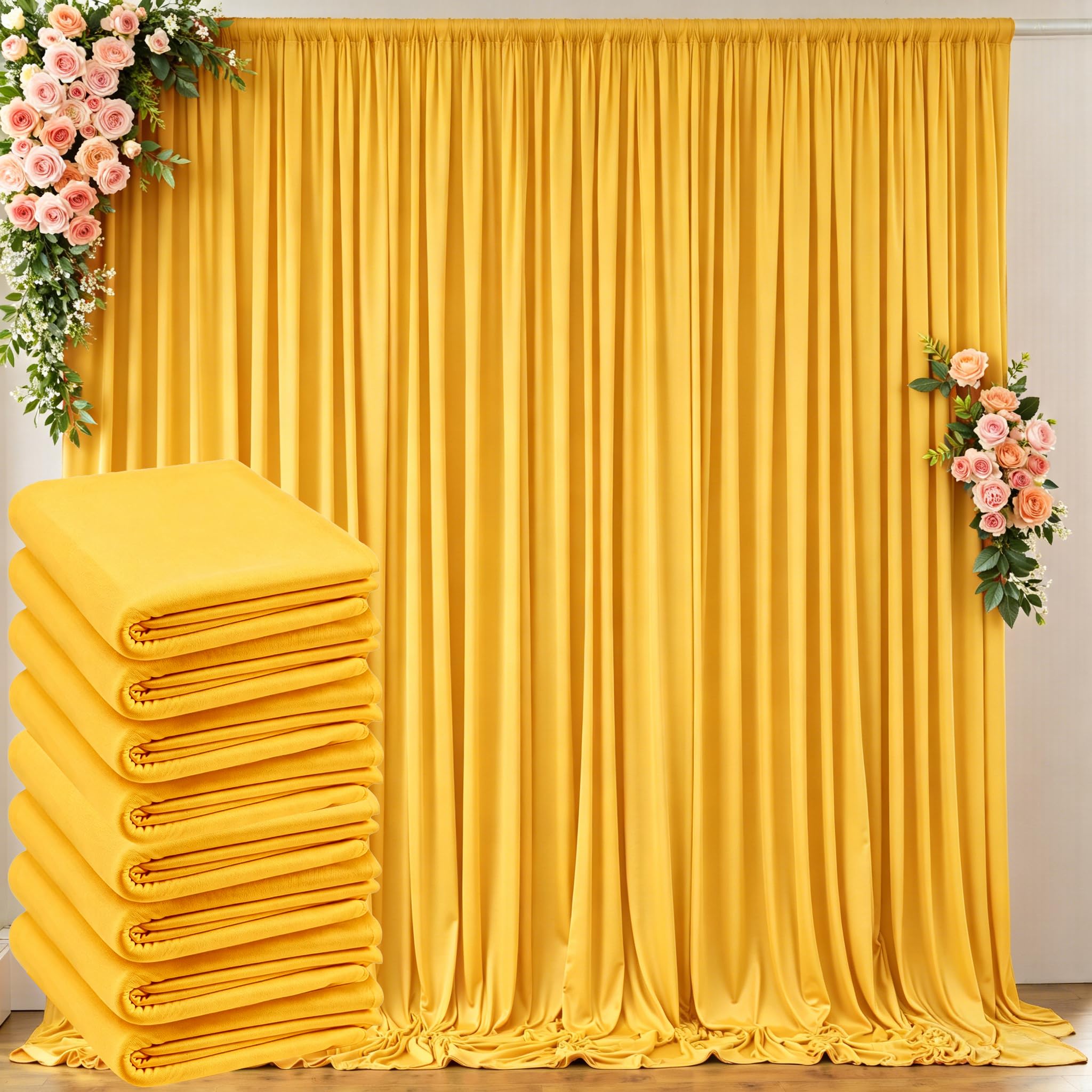 40 ft x 10 ft Wrinkle Free Yellow Backdrop Curtain for Parties, Ginger Polyester Photo Backdrop Drapes,Thick Background 8 Panels