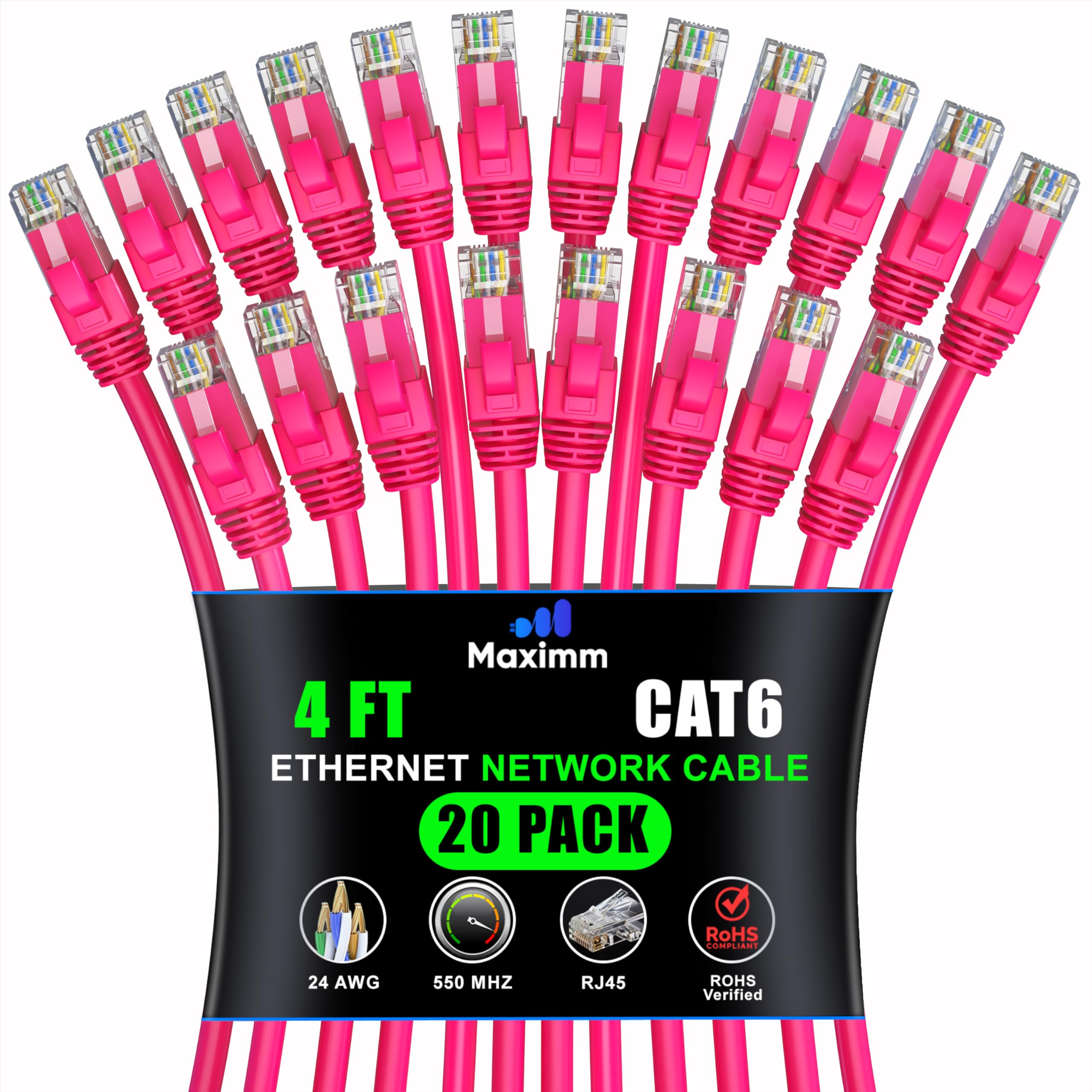 Maximm Cat 6 Ethernet Cable 4 Ft (20 Pack)   High Speed Lan Cable, Internet Cable, Patch Cable, And Network Cable   Utp, 10Gbps, 550Mhz Ethernet Cord   Pink
