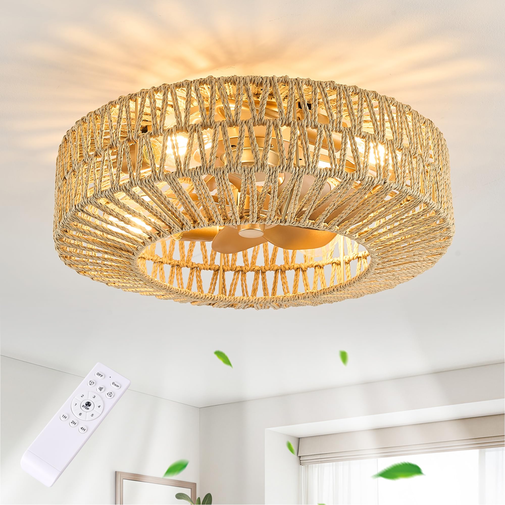 Bewishing 20 Rattan Fandelier Ceiling Fan with Light, Boho Ceiling Fan Flush Mount with Remote, Toast-Colored Woven Caged Fan fo