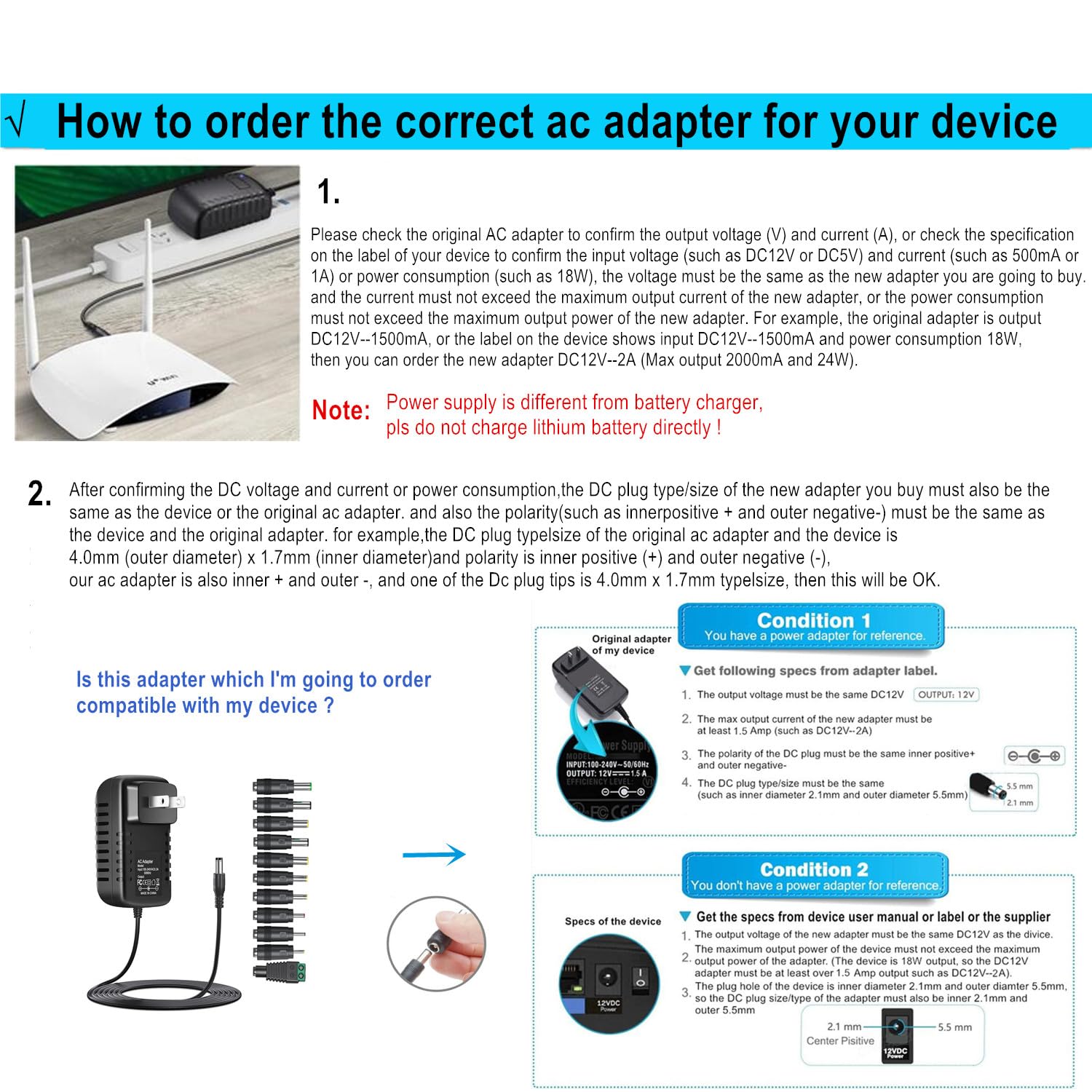 24V 1A 2A Ac Adapter Switching Power Supply Cord With 11 Dc Plug Tips Ac To Dc 24Volts 2000Ma 1500Ma 1000Ma 500Ma 200Ma 100Ma Re