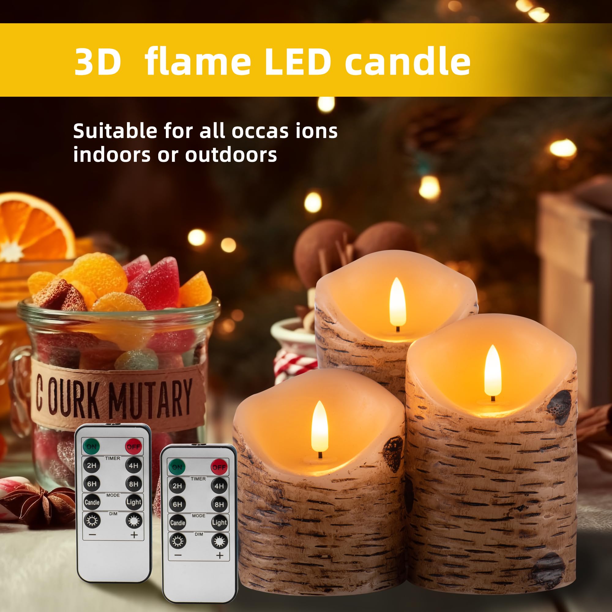 Aku Tonpa Birch Bark Effect Flameless Candles Battery Operated Pillar Real Wax Flickering Electric Led Candle Sets With Remote C