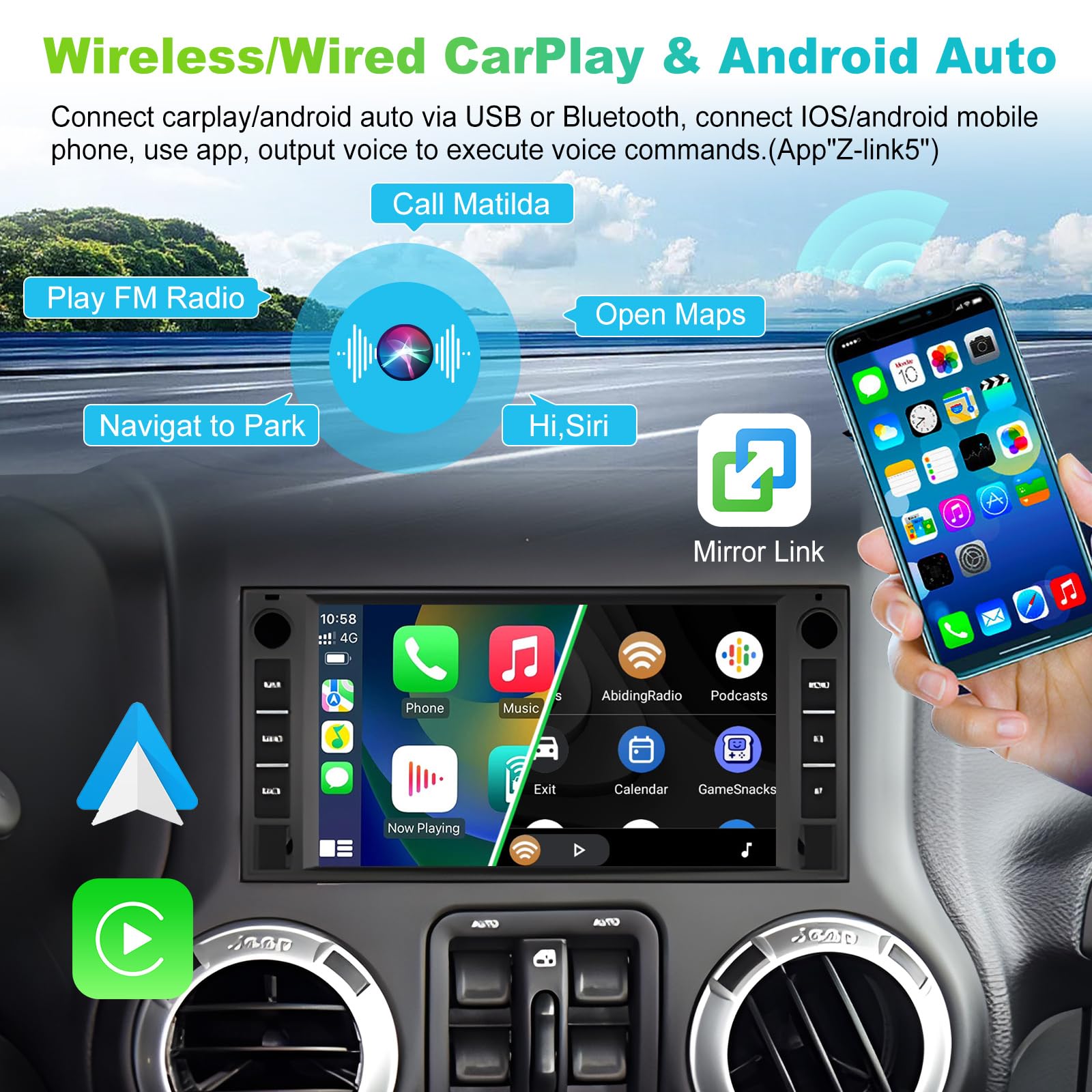 Podofo 2+64G Car Stereo For Jeep Wrangler Dodge Chevrolet Ram 1500 Android Radio With Wireless Apple Carplay, 7' Touchscreen Stereo With Wifi, Gps, Rds/Fm Radio, Bluetooth + Backup Camera & Mic