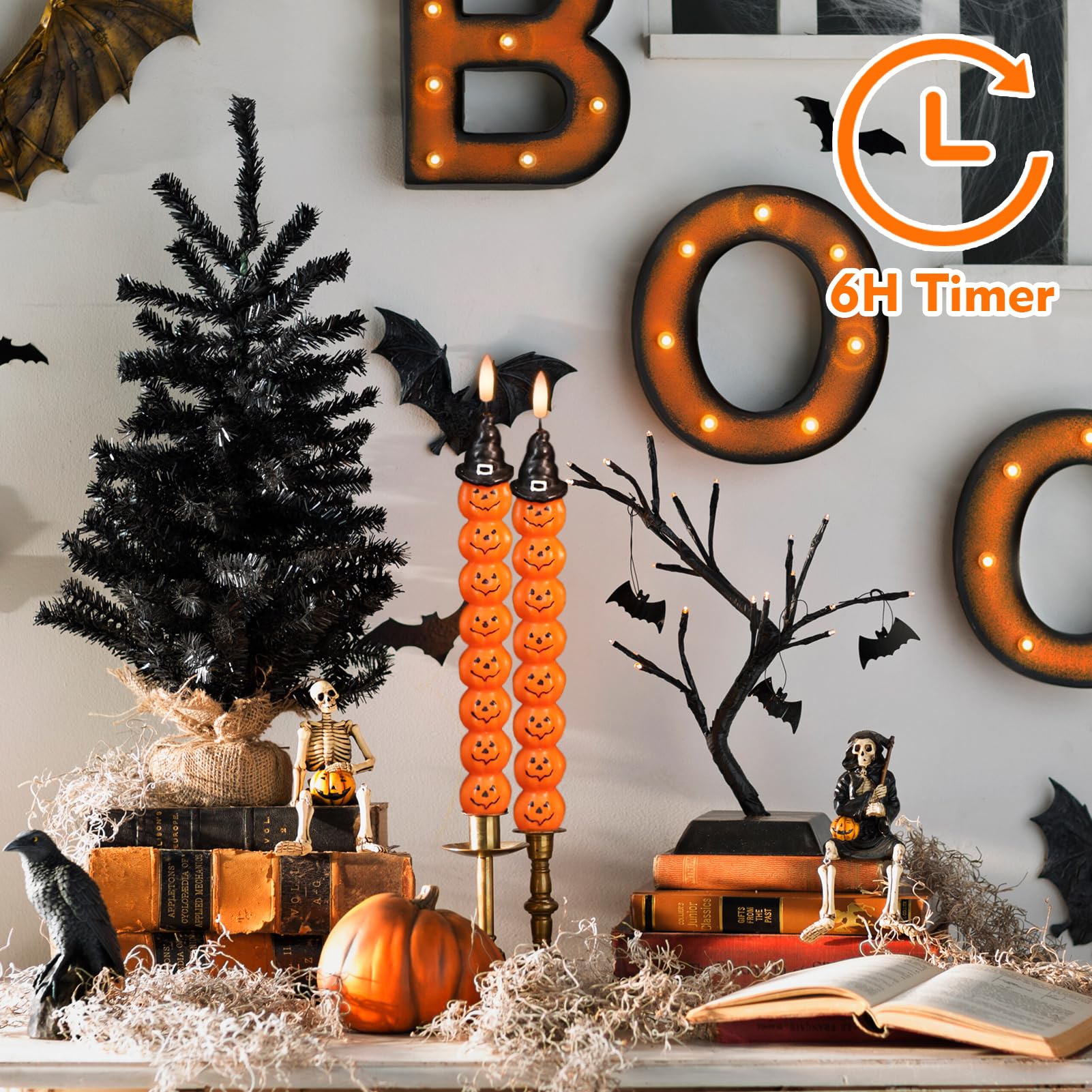 Genswin Halloween Flameless Taper Candles With Timer, 2 Pack Taper Candles Battery Operated, Real Wax Pumpkin Flickering Led Tap
