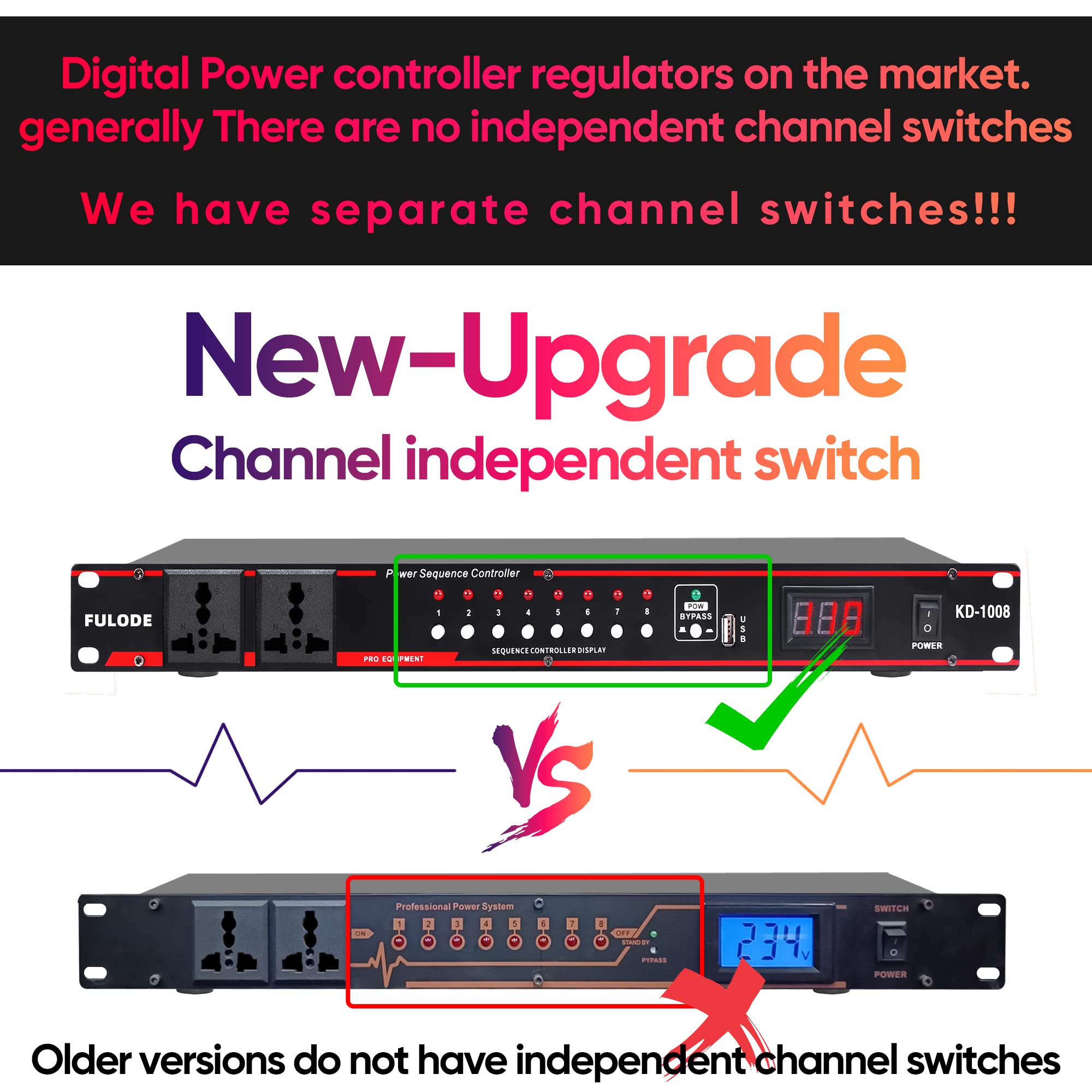 Fulode 10 Outlet Power Conditioner  8 Independent Switch Rack Power, Power Conditioner Rack Mount Audio Power Conditioner Regula