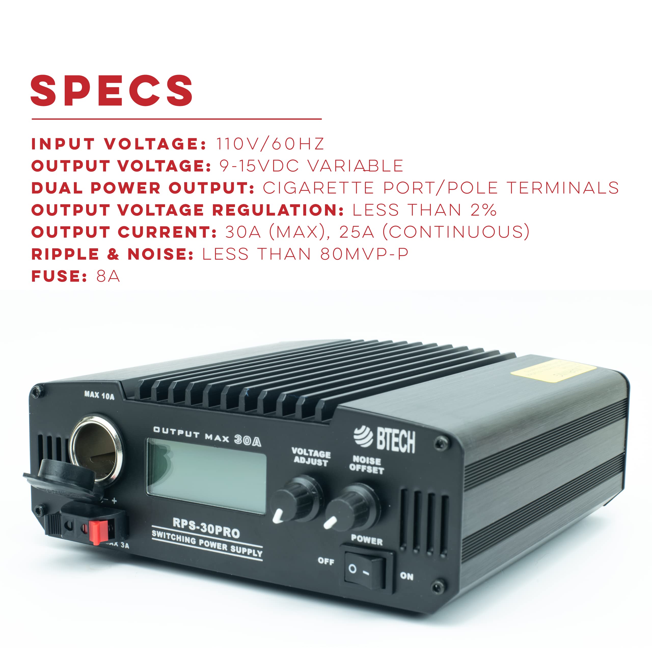 Btech Rps 30Pro 30 Amp Regulated Universal Compact Bench Power Supply, Ac To Dc Power Convertor, 13.8V (9~15Vdc Adjustable) With