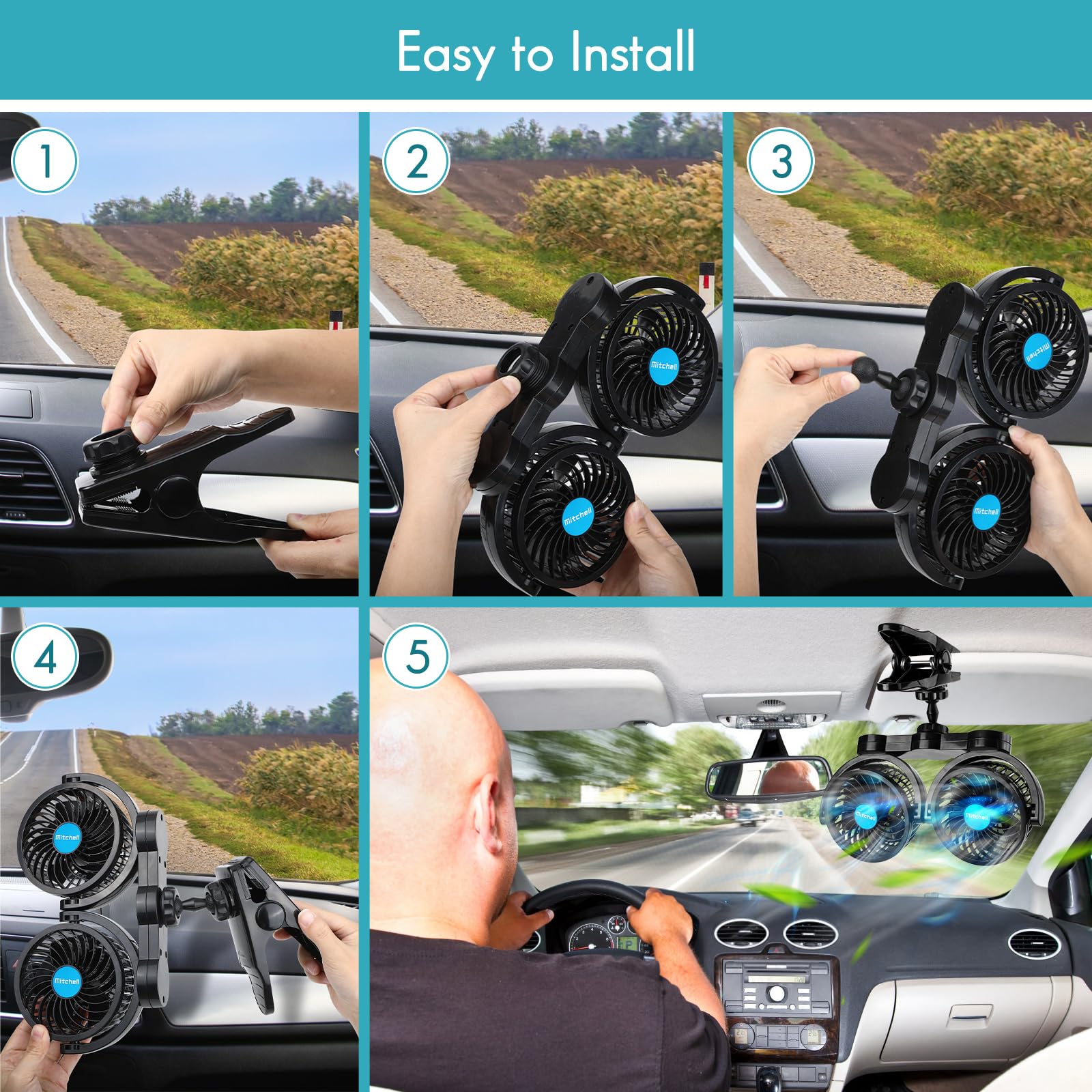 Car Fan 12V, Dual Head 4 Inches Clip Fan For Car 360 Rotatable Car Cooling Fan For Front/Back Seat Passenger, Adjustable Car Coo