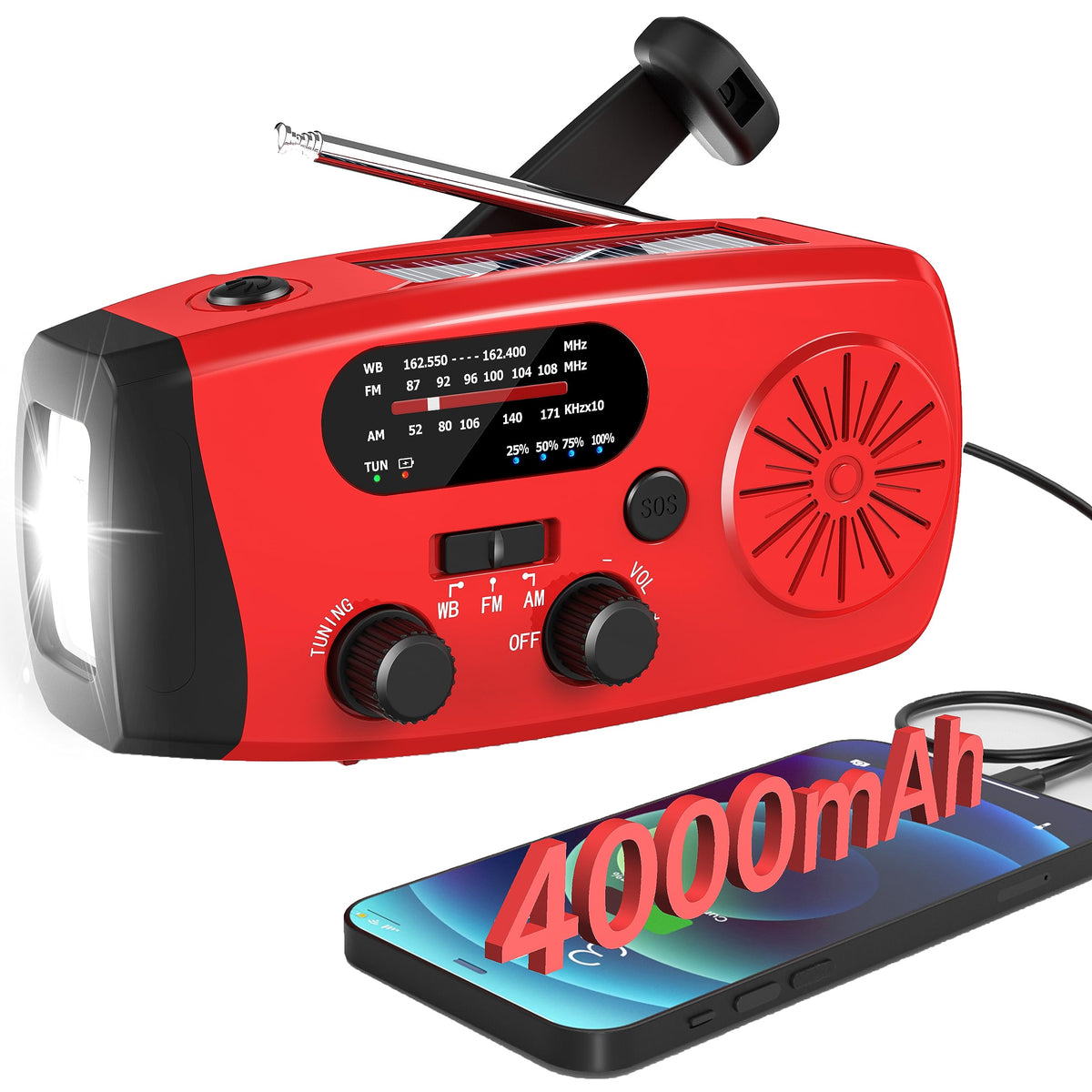 Emergency Hand Crank Radio With 4000Mah Power Bank Phone Charger, Usb Charged & Solar Power, Am/Fm Noaa Portable Weather Radio W