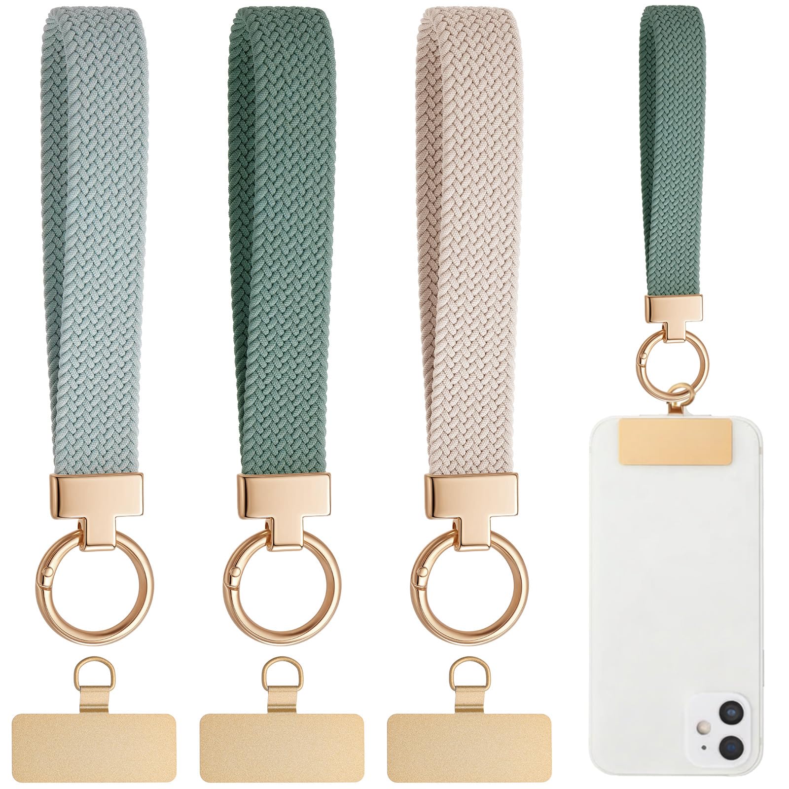 Bememo 3 Pack Phone Wrist Strap Stretchy Woven Wrist Lanyard with 3 Gold Steel Tether Tab for Women Men Wallet Phone(White, Ligh