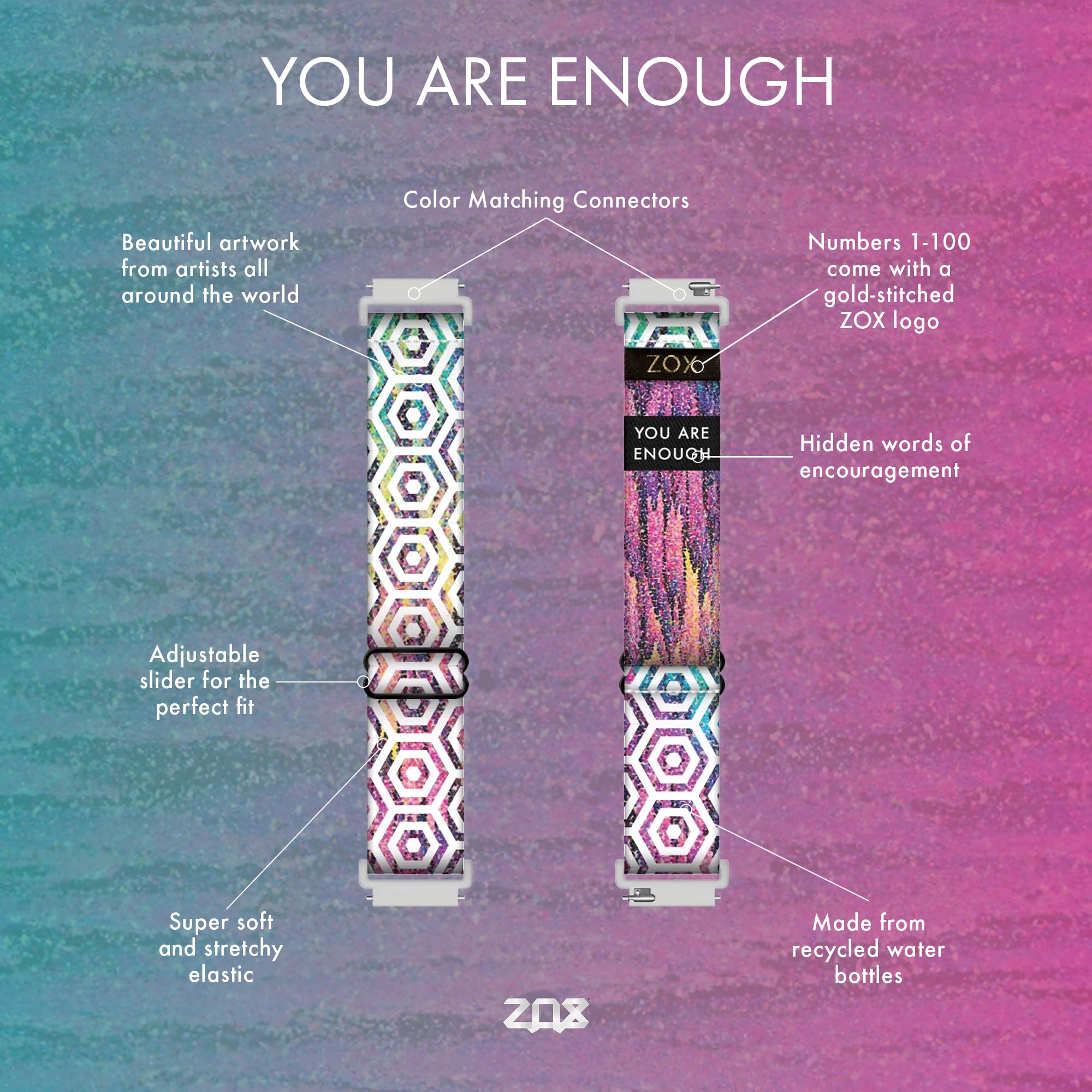 Zox Android Smart Watch Band - You Are Enough | Soft, Adjustable Elastic Band With Motivational Affirmations And Beautiful Artwo