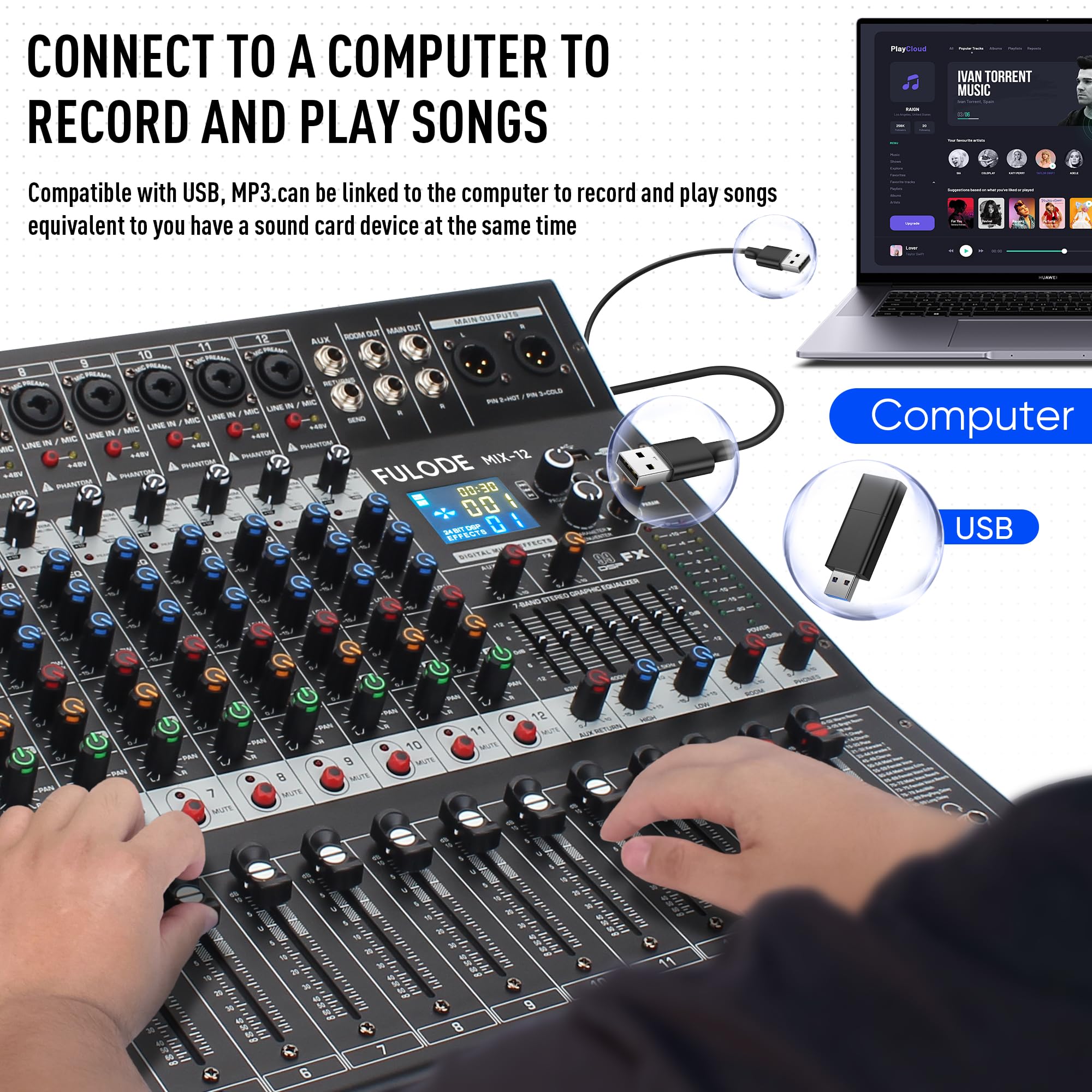 Fulode 12 Channel Bluetooth Studio Audio Mixer 99 Bit Dsp Digital Processor W/Usb Mp3 For Pc Recording Input, Rca, Xlr Microphon