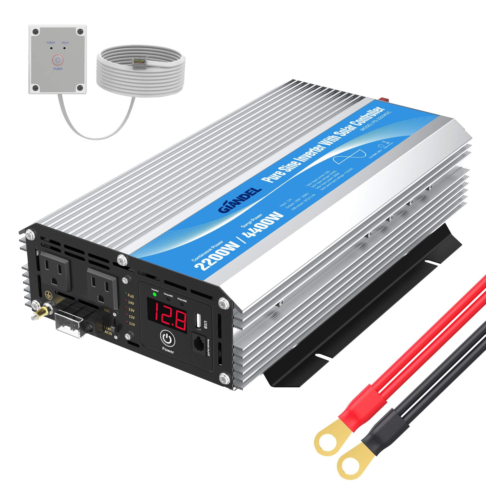 Giandel 2200W Pure Sine Wave Power Inverter 12V Dc To 110V 120V Ac With 20A Solar Charge Control And Remote Control&Led Display