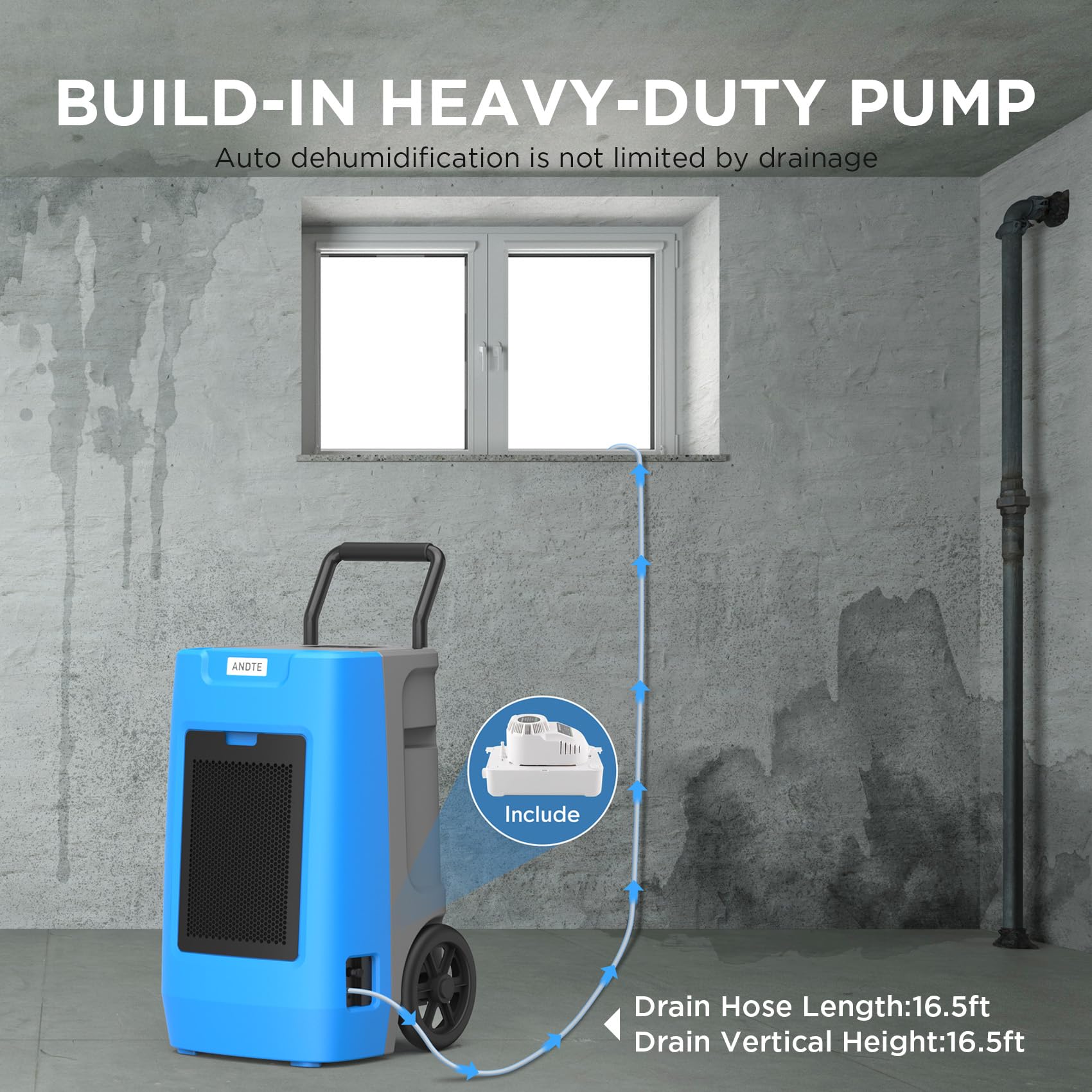 Andte 190 Pints Industrial Dehumidifiers With Pump,Commercial Dehumidifier With Drain Hose, Built In Pump,Handle And Wheels For