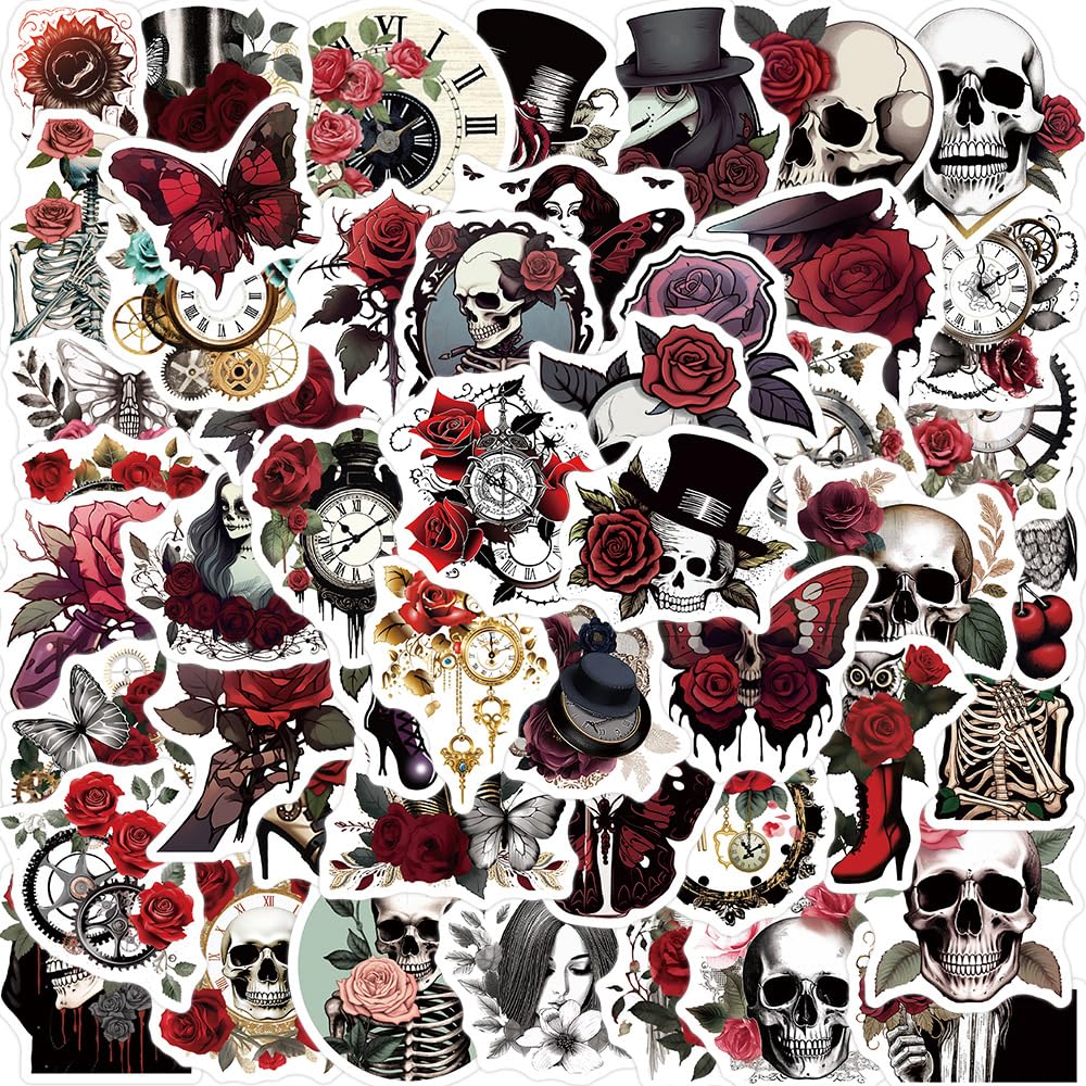 Yoksas Gothic Steampunk Rose Skeleton Stickers   50Pcs Vinyl Vintage Horror Skull Flowers Stickers For Laptops,Water Bottles,Scr